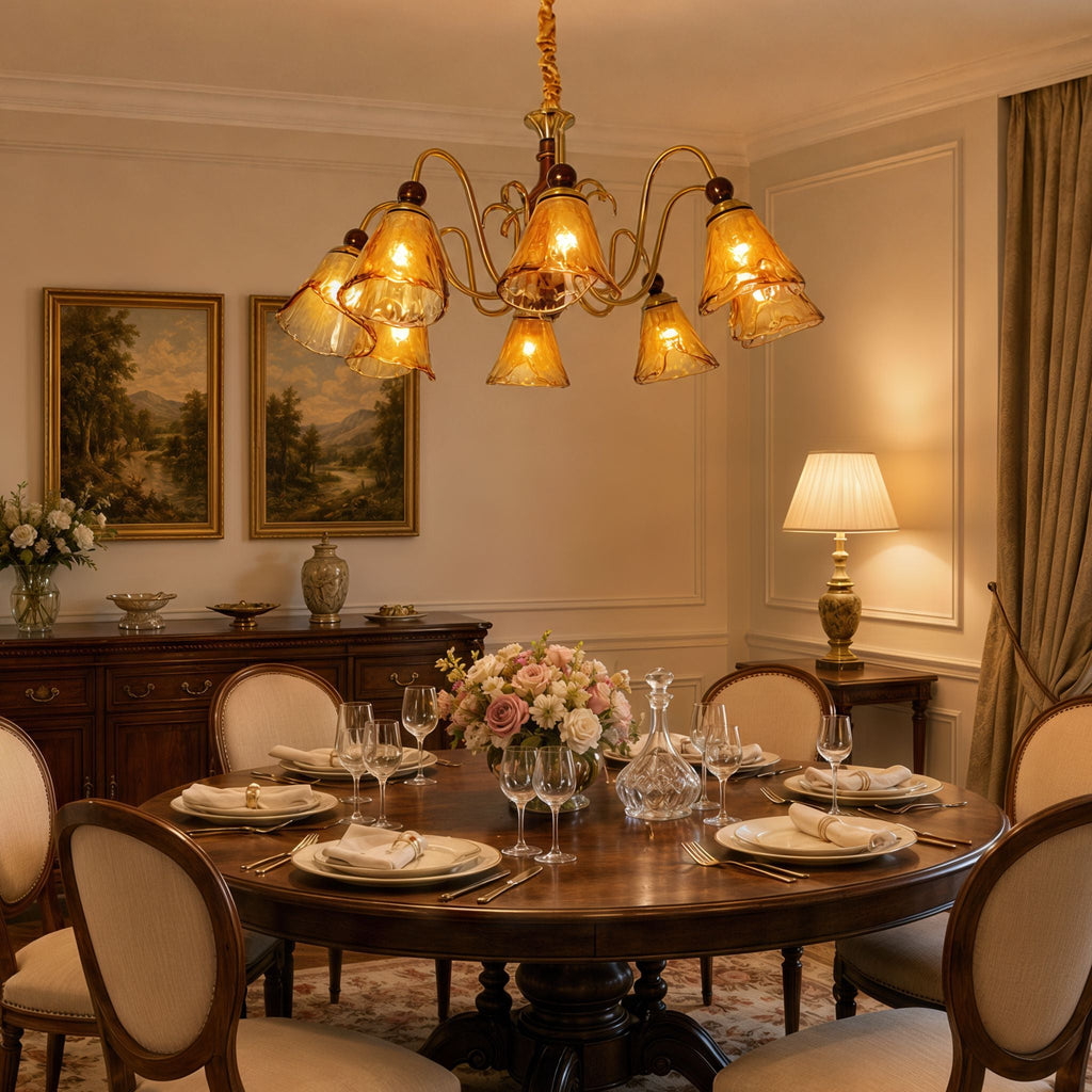 8-Light Walnut Vintage Cut Glass Chandelier | Wood and Iron Ceiling Lamp