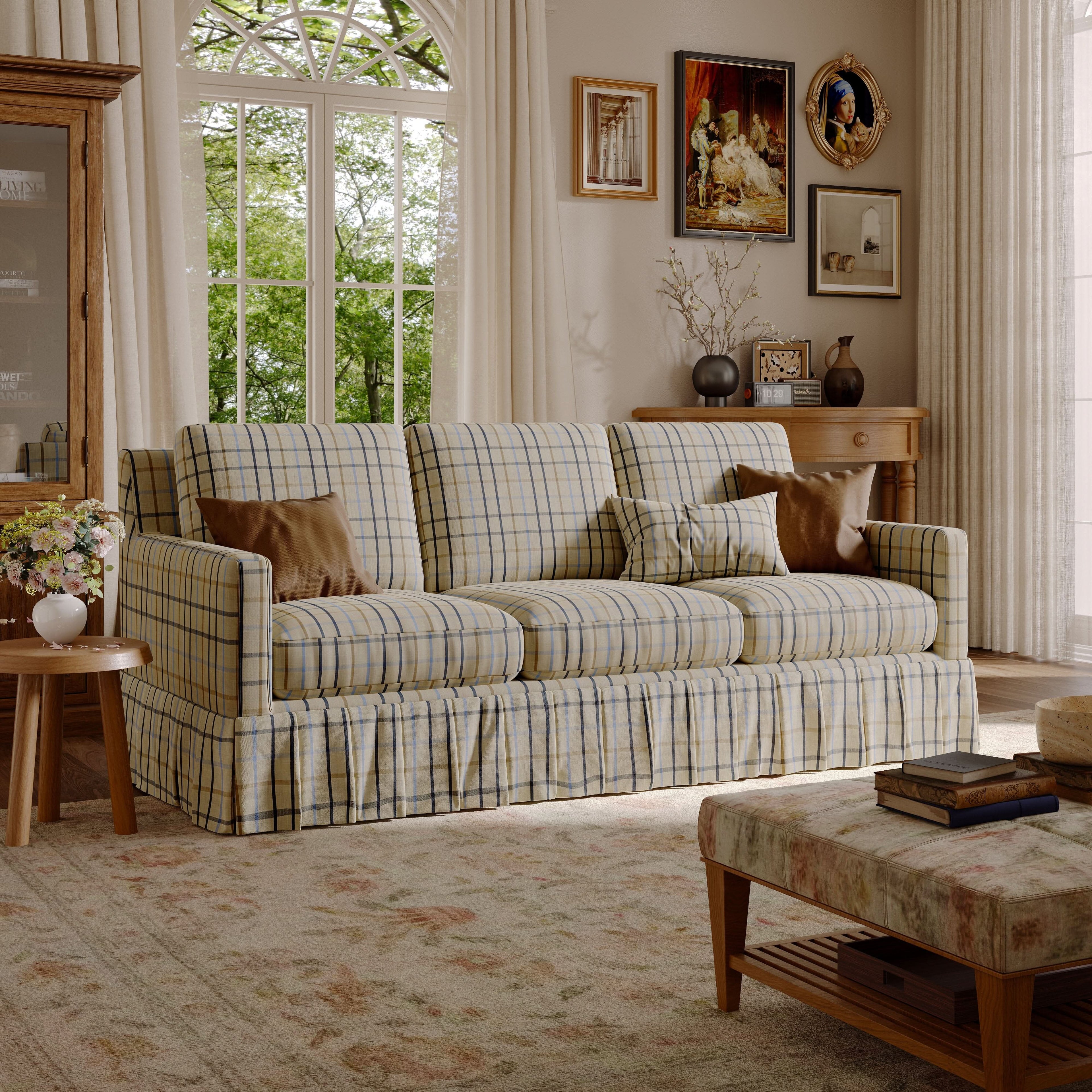 Cottonfy 3 Seater Striped Sofa with Removable Covers and Skirted Design