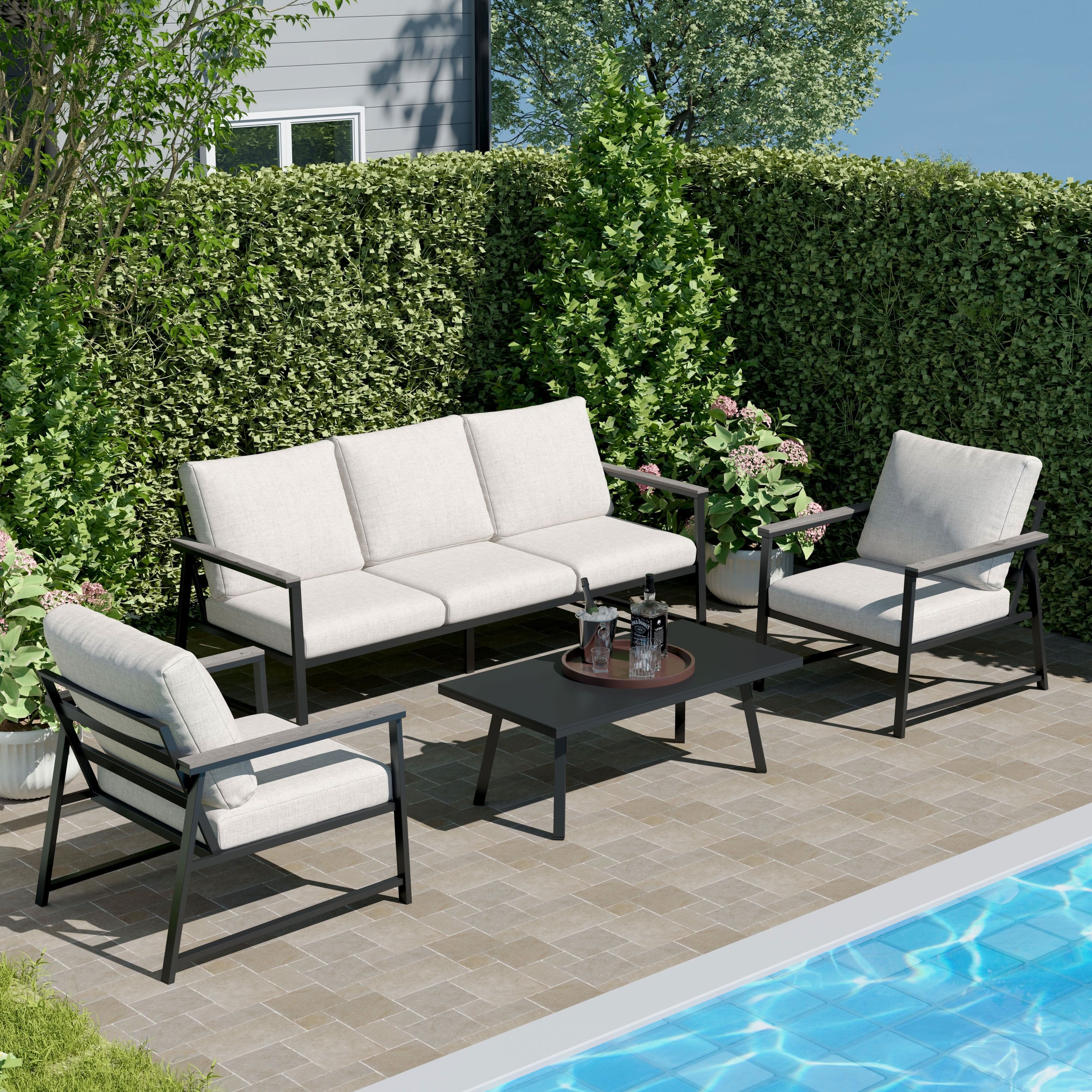 4 Piece Aluminium Outdoor Sofa Set with Glass Table Garden Furniture
