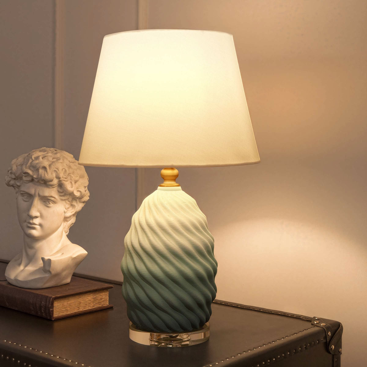 ‍Lightsin 3D Green White Gradient Threaded Ceramic Table Lamp with Fabric Shade (100% off)