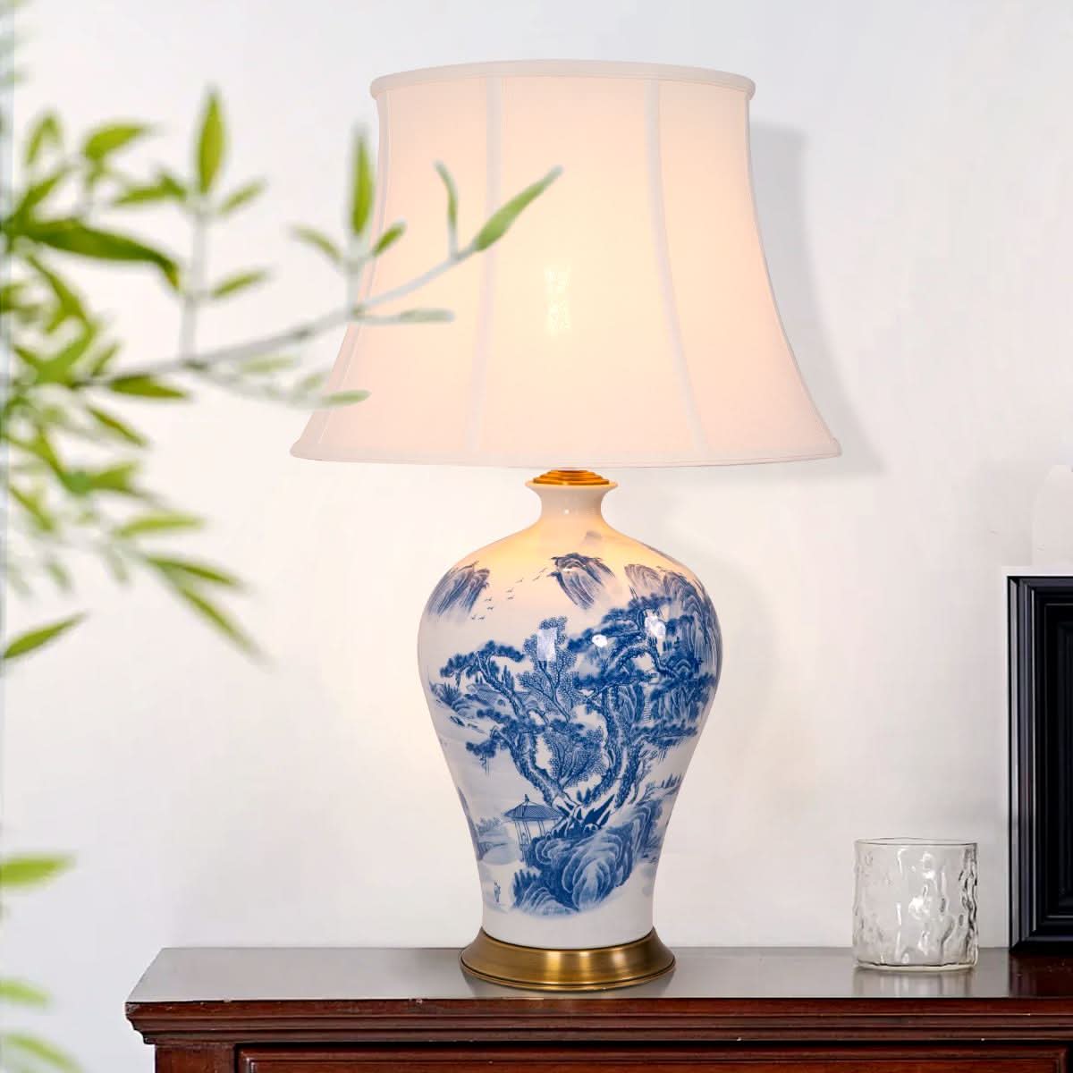 Lightsin Classic Ceramic Desk Lamp Blue and White with Fabric Shade