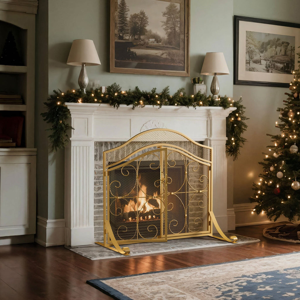 Smallbee Iron Fireplace Screen Gold Powder-Coated – 90x32x78.8cm