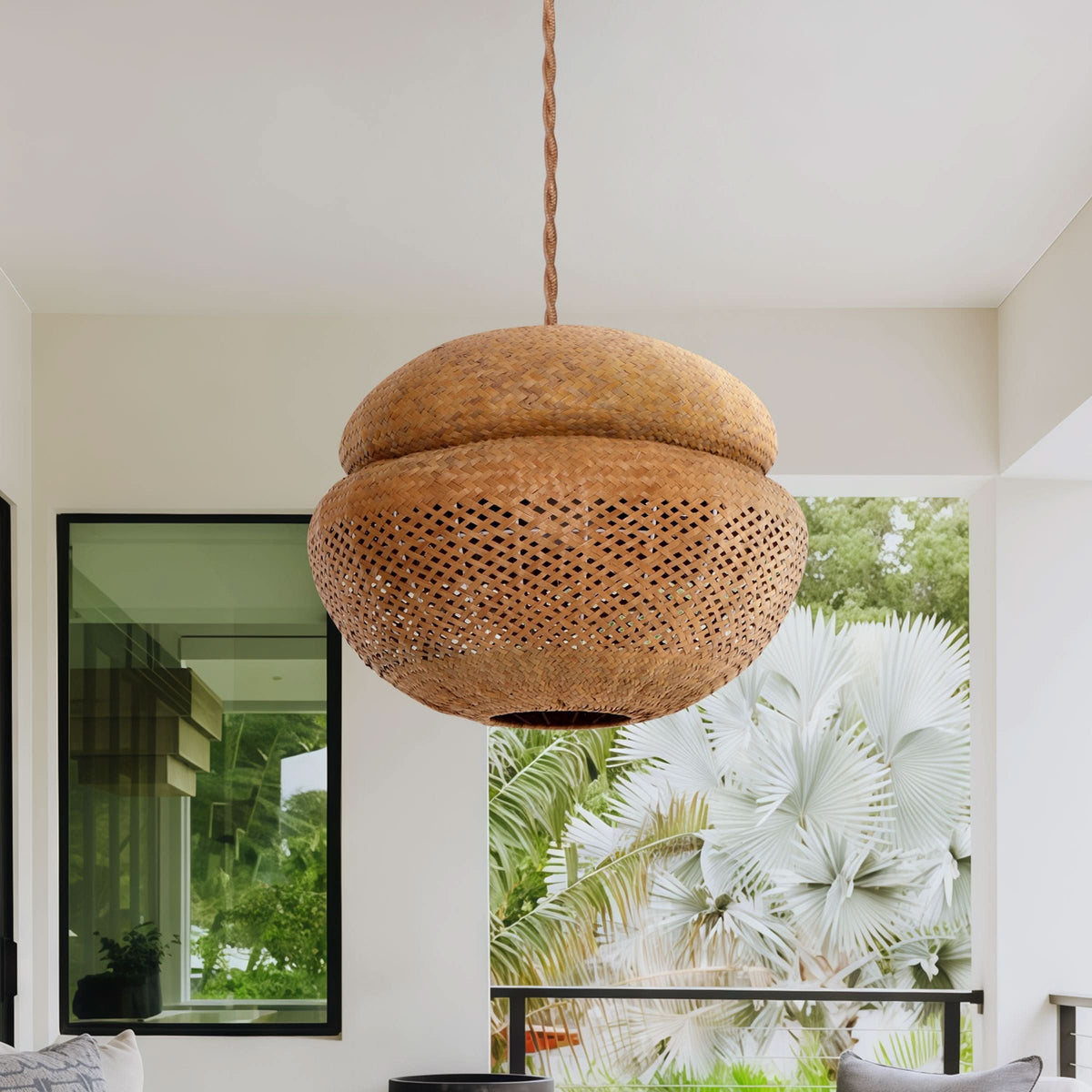 Lightsin Handwoven Natural Bulrush Pendant Ceiling Light with Pot Lid-Inspired Design