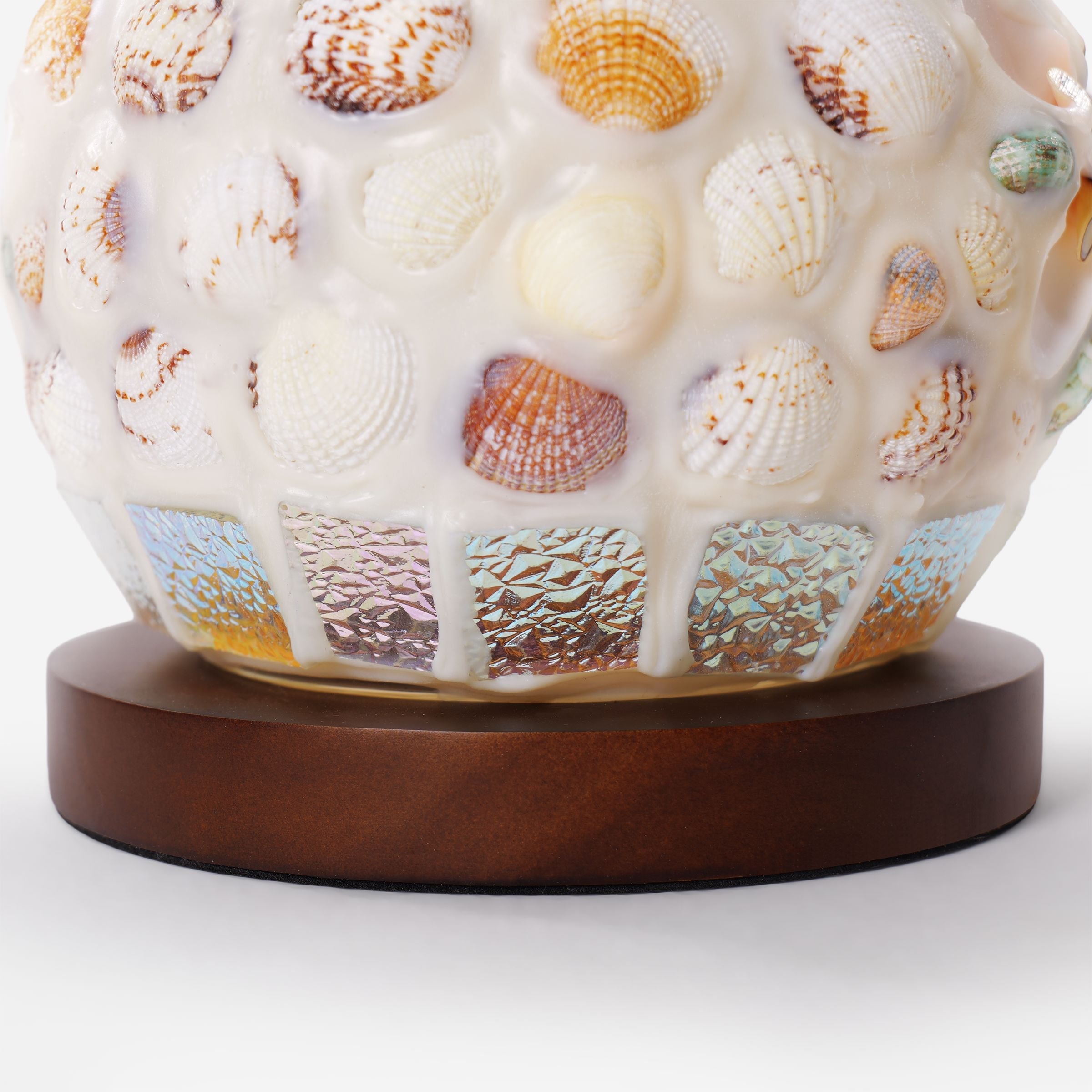 Mosaic Seashell Table Lamp - Coastal Glass & Wood Bedside Light
