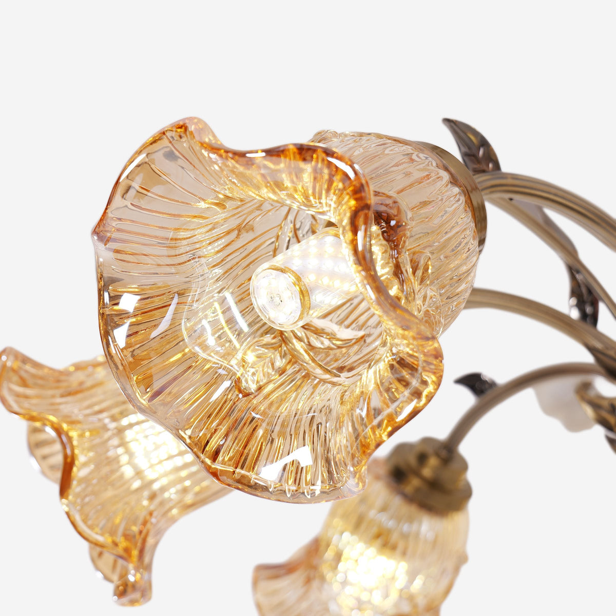 Antique Bronze and Amber Vintage 8-Light Ceramic Flower Pendant Light