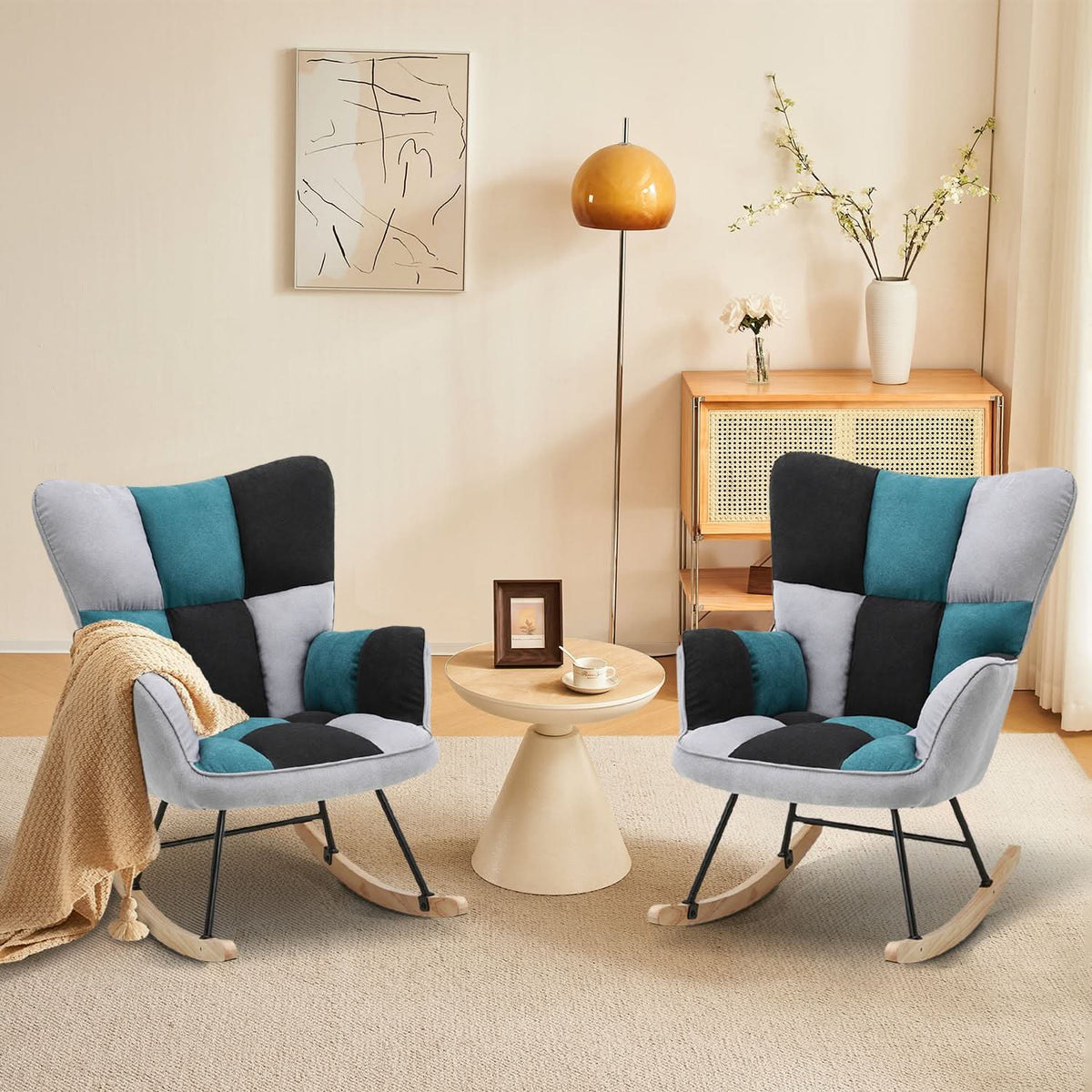 3ft Patchwork Upholstered Rocking Chair with Wooden Skates