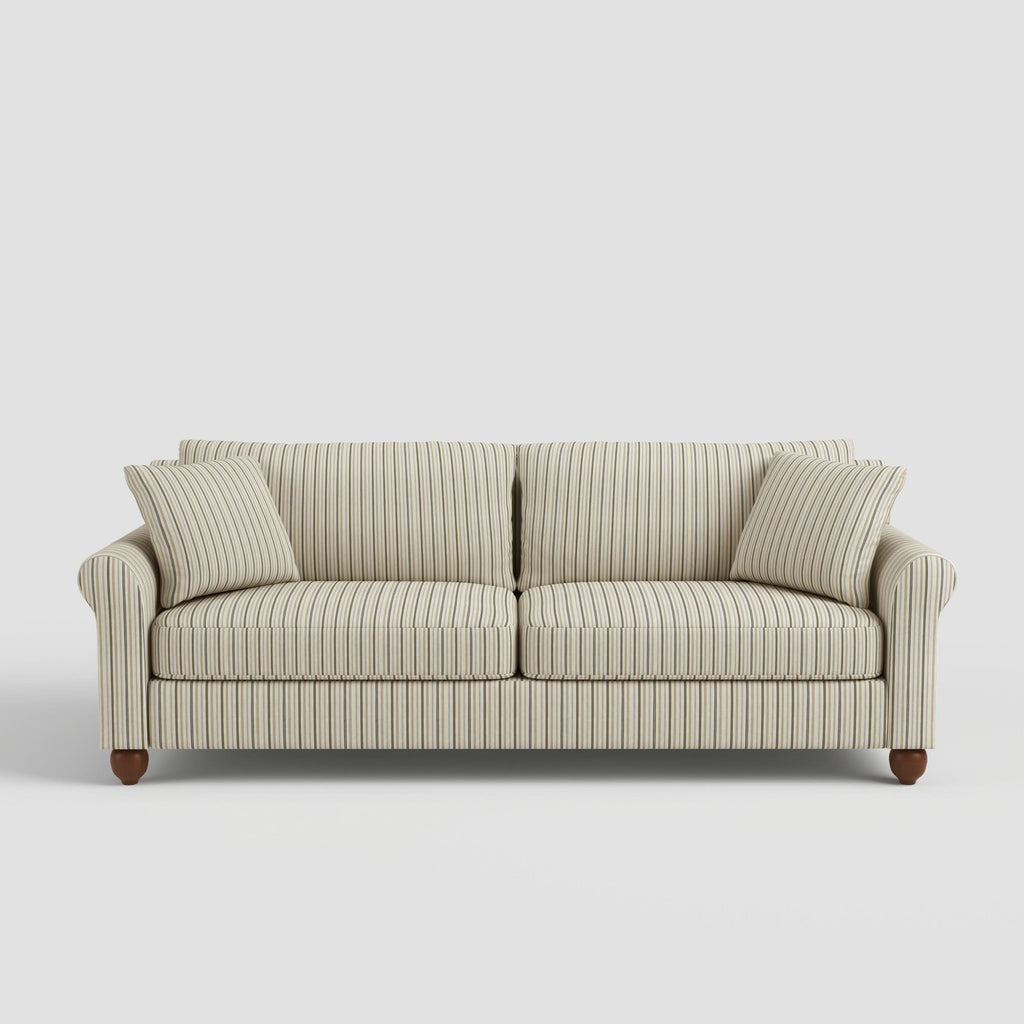 Cottonfy Striped Cotton Linen Blend Rolled Arm Sofa with Soild Wood Bun Feet