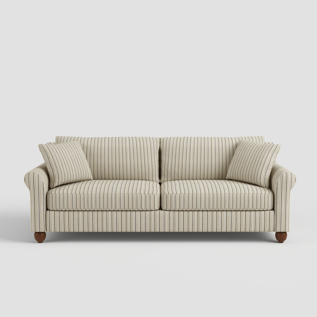 Cottonfy Striped Cotton Linen Blend Rolled Arm Sofa with Soild Wood Bun Feet