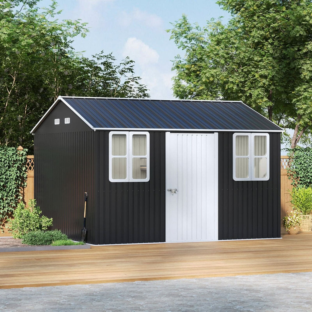 12x10ft / 10x12ft / 10x16ft Charcoal Black Galvanized Steel Storage Shed with Double Lockable Doors & Grid Windows