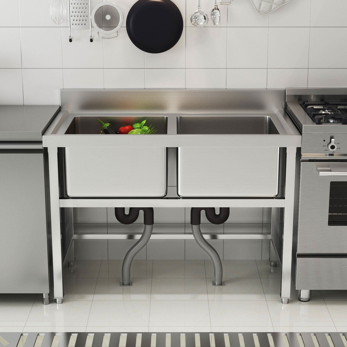 4ft W Stainless Steel Kitchen Commercial Catering Sink with 1/2 Large Compartments