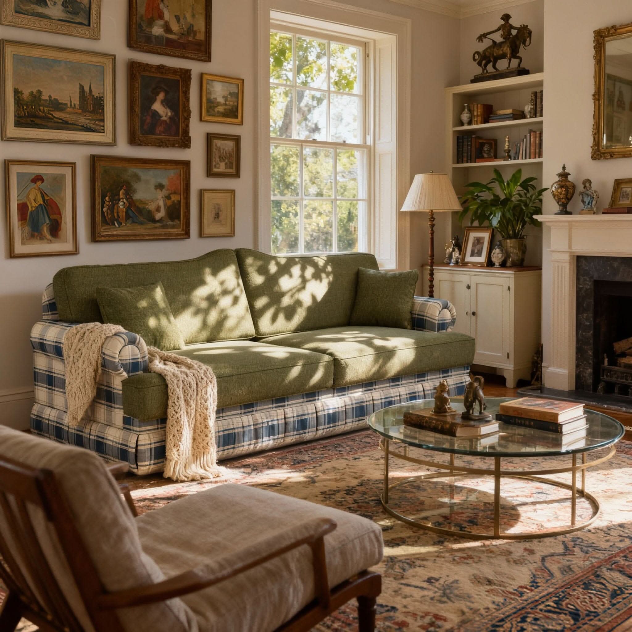 Cottonfy Heritage Plaid Skirted Sofa with Concealed Storage Drawers