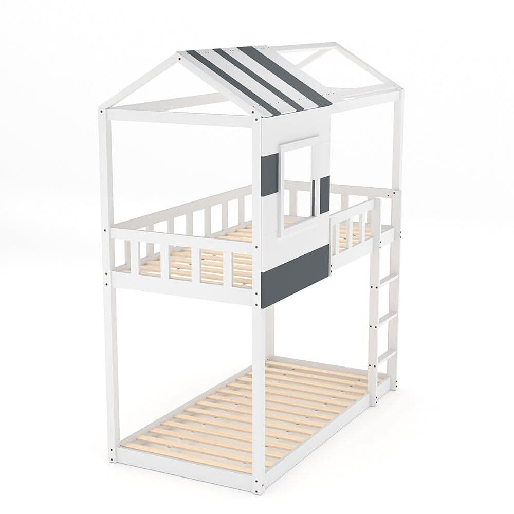 Modern Twin Bunk Bed Slatted Board House Shaped