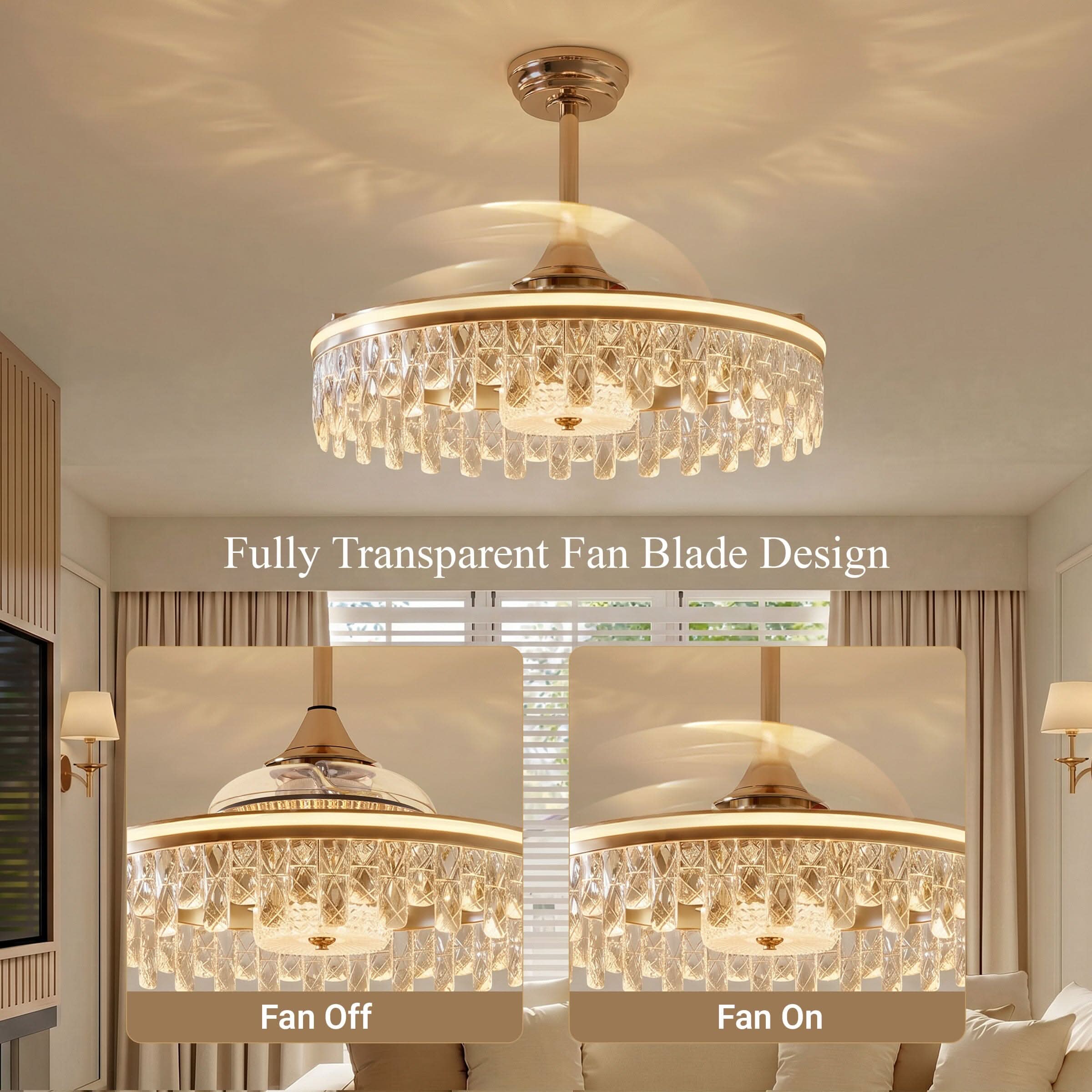 Lightsin 60cm Modern Gold Crystal Ceiling Fan with Light