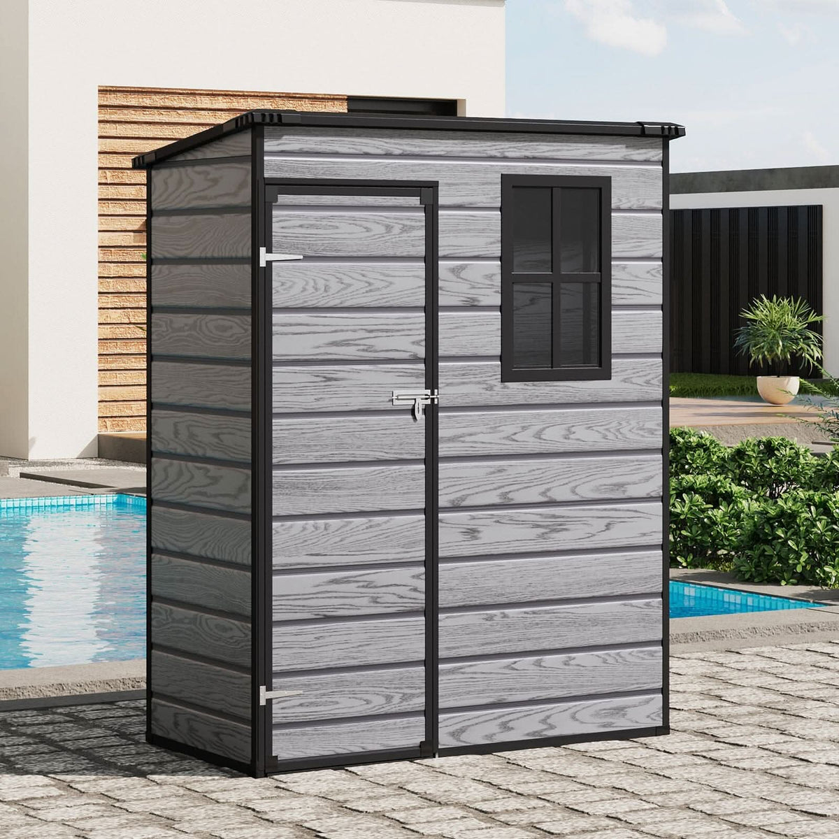 5x3ft / 5x4ft Plastic Garden Storage Shed with Front and Size Door for Bikes and Tools