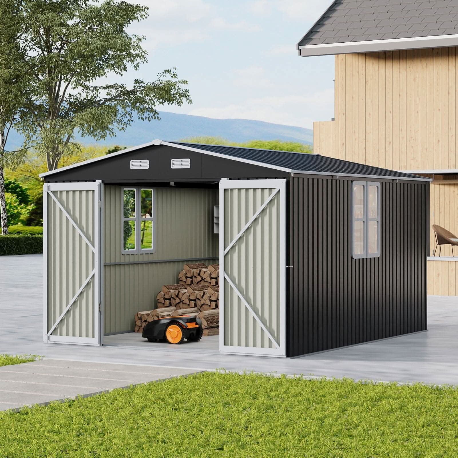 12x10ft / 10x12ft / 10x16ft Charcoal Black Galvanized Steel Storage Shed with Double Lockable Doors & Grid Windows