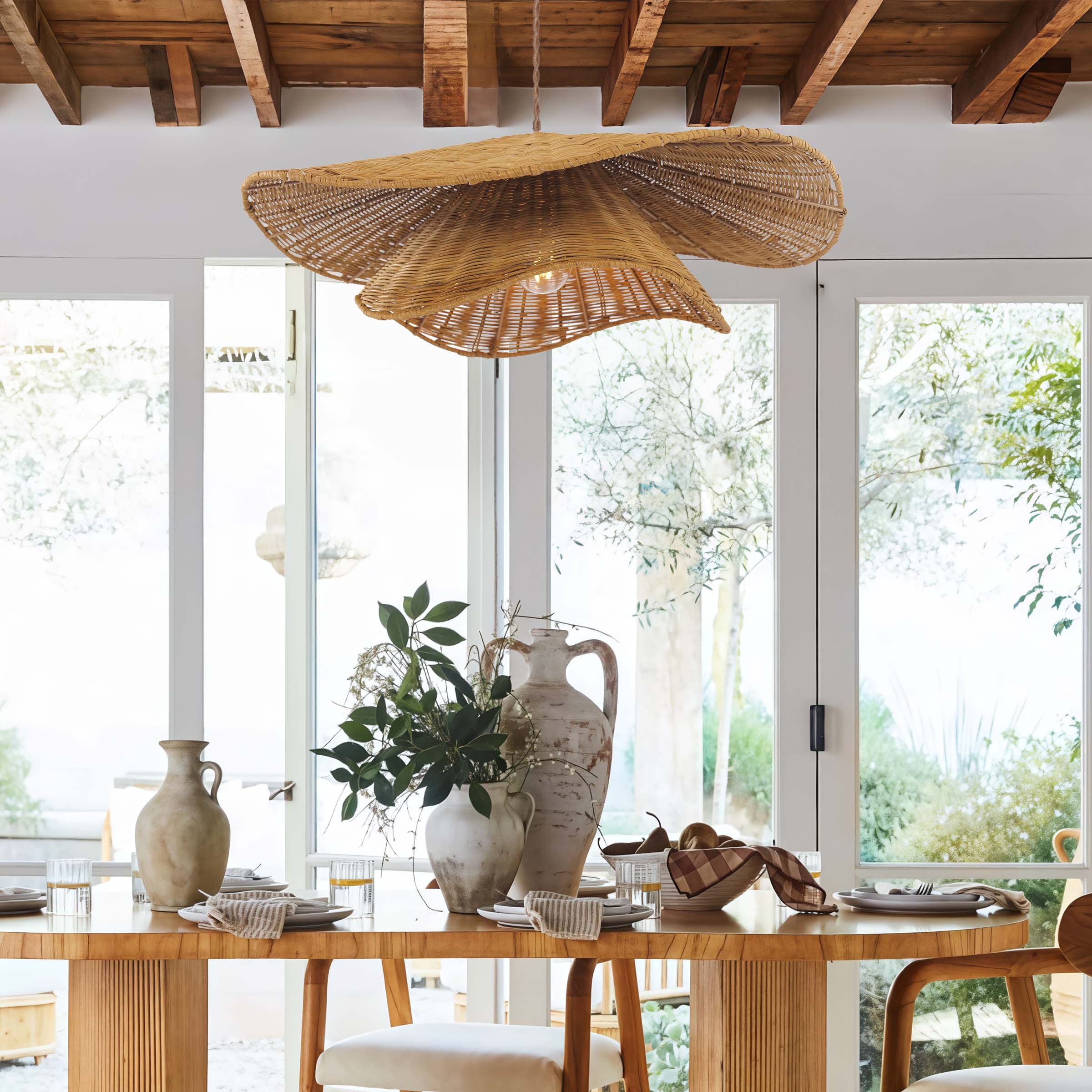 Lightsin Woven Rattan and Iron Pendant Light – Organic Ceiling Pendant Light for Dining Room, Living Room, and Modern Rustic Interiors