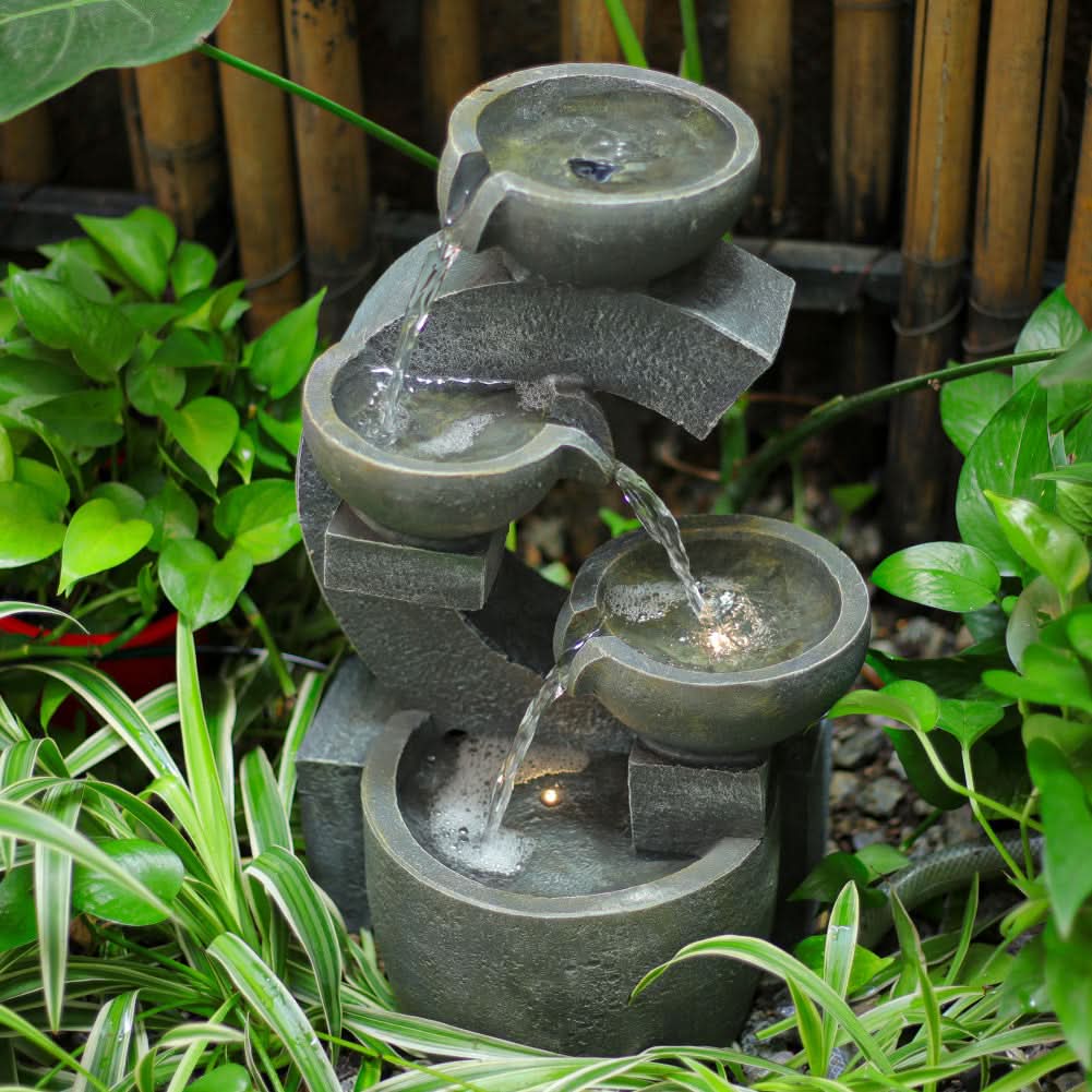 C Shaped Outdoor Fountain Garden Patio Water Feature LED Light Cascade Bowl