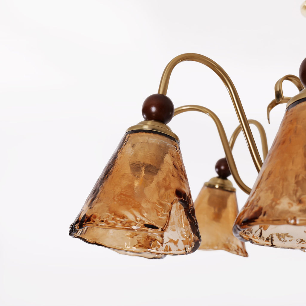 8-Light Walnut Vintage Cut Glass Chandelier | Wood and Iron Ceiling Lamp