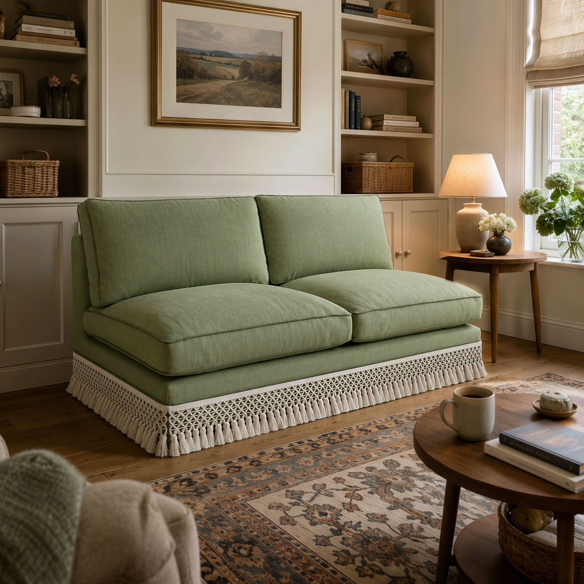Armless Sofa with Fringed Trim and Removable Covers