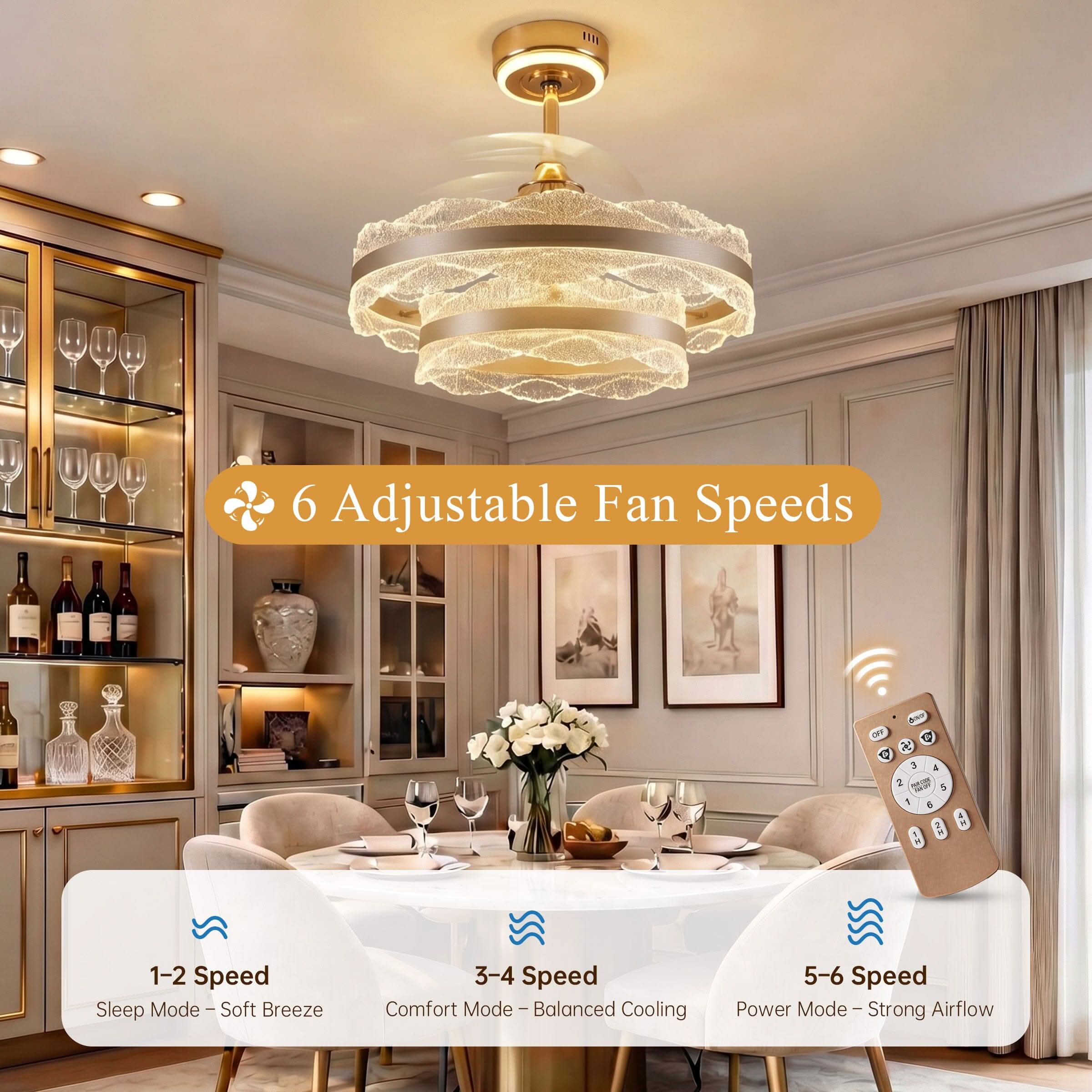 Lightsin Luxury Gold Frame LED Ceiling Fan Light with Retractable Blades