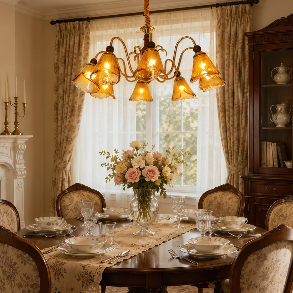 8-Light Walnut Vintage Cut Glass Chandelier | Wood and Iron Ceiling Lamp