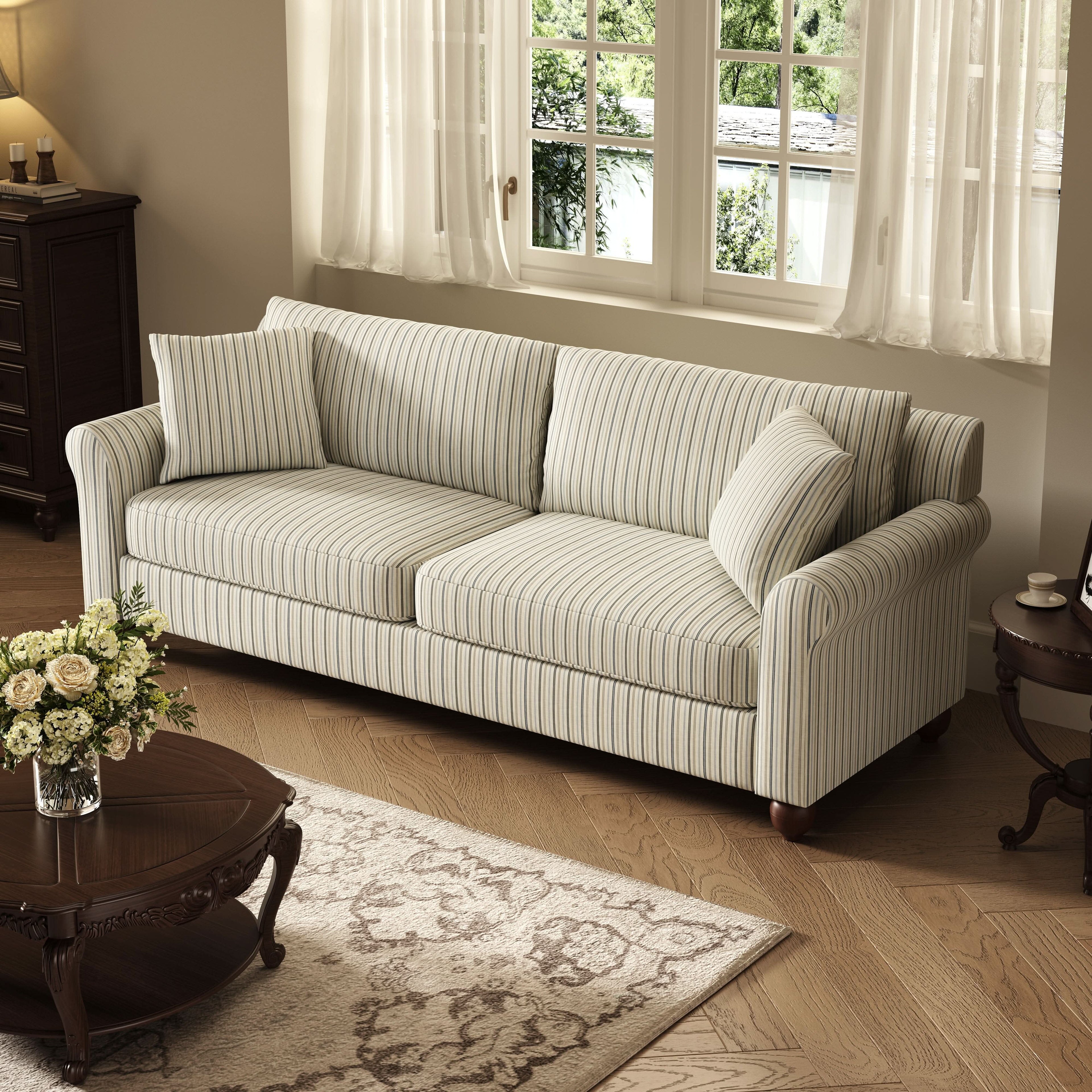 Cottonfy Striped Cotton Linen Blend Rolled Arm Sofa with Soild Wood Bun Feet