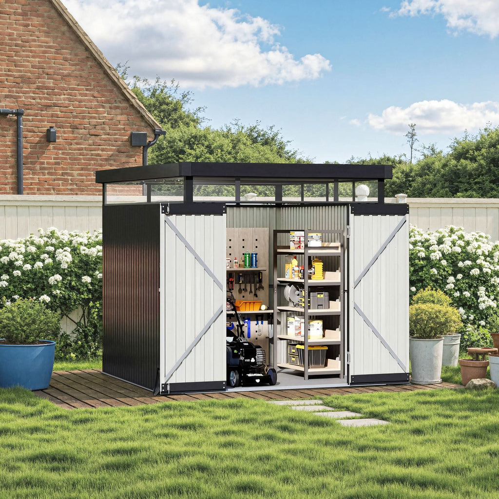 2x2.6x2m/1.6x2.6x2m/2.6x3x2m/4x3x2m Charcoal Black Galvanized Steel Storage Shed with Double/Single Lockable Doors