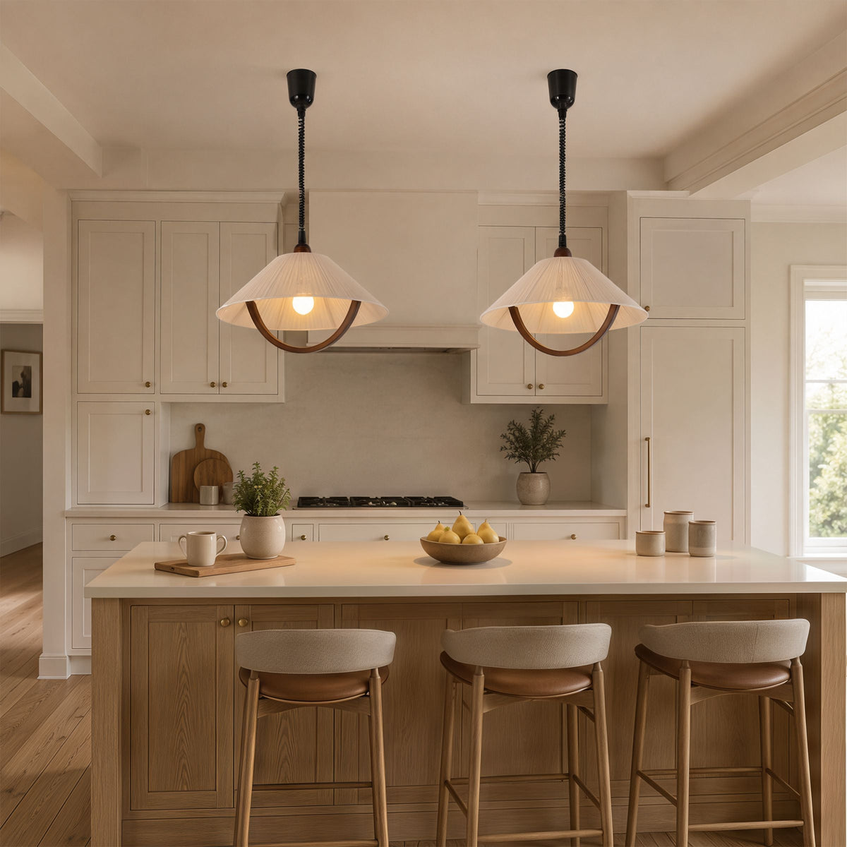 Natural Wood Curved Pendant Light | Cotton Cord Ceiling Lamp