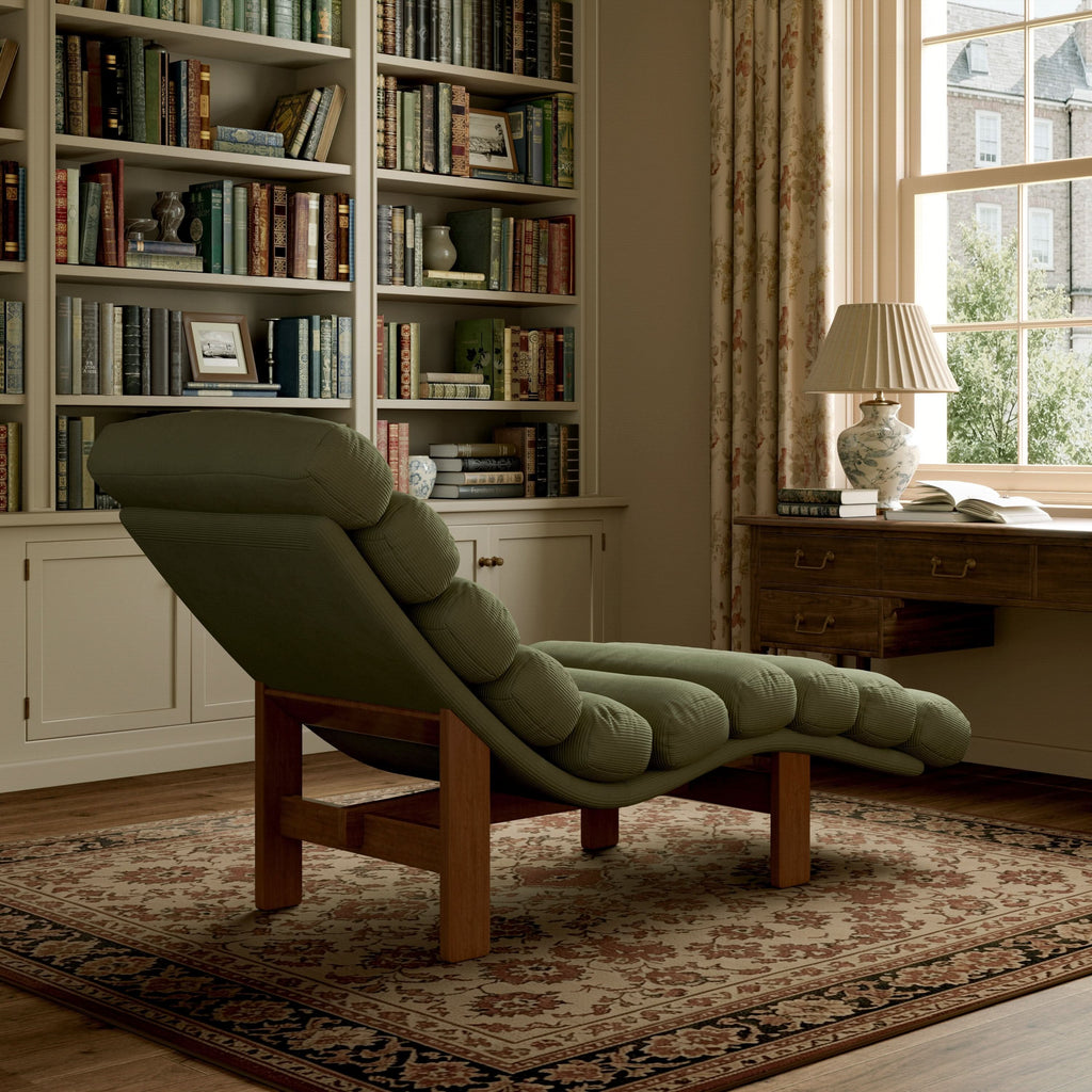 Cottonfy Modern Ergonomic Corduroy Chaise Lounge with Natural Wooden Frame