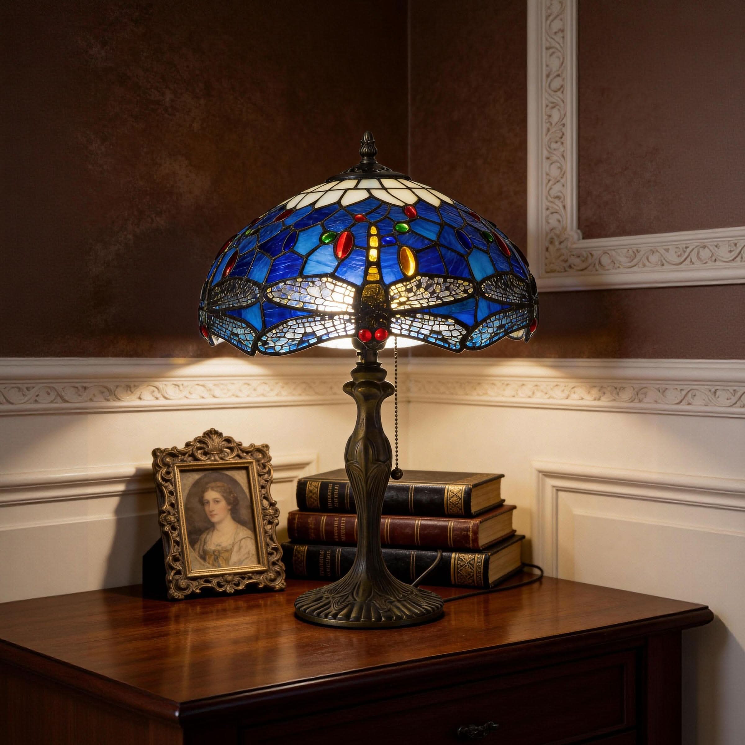 Lightin Tiffany Table Lamp | Handcrafted Stained Glass Dragonfly Series