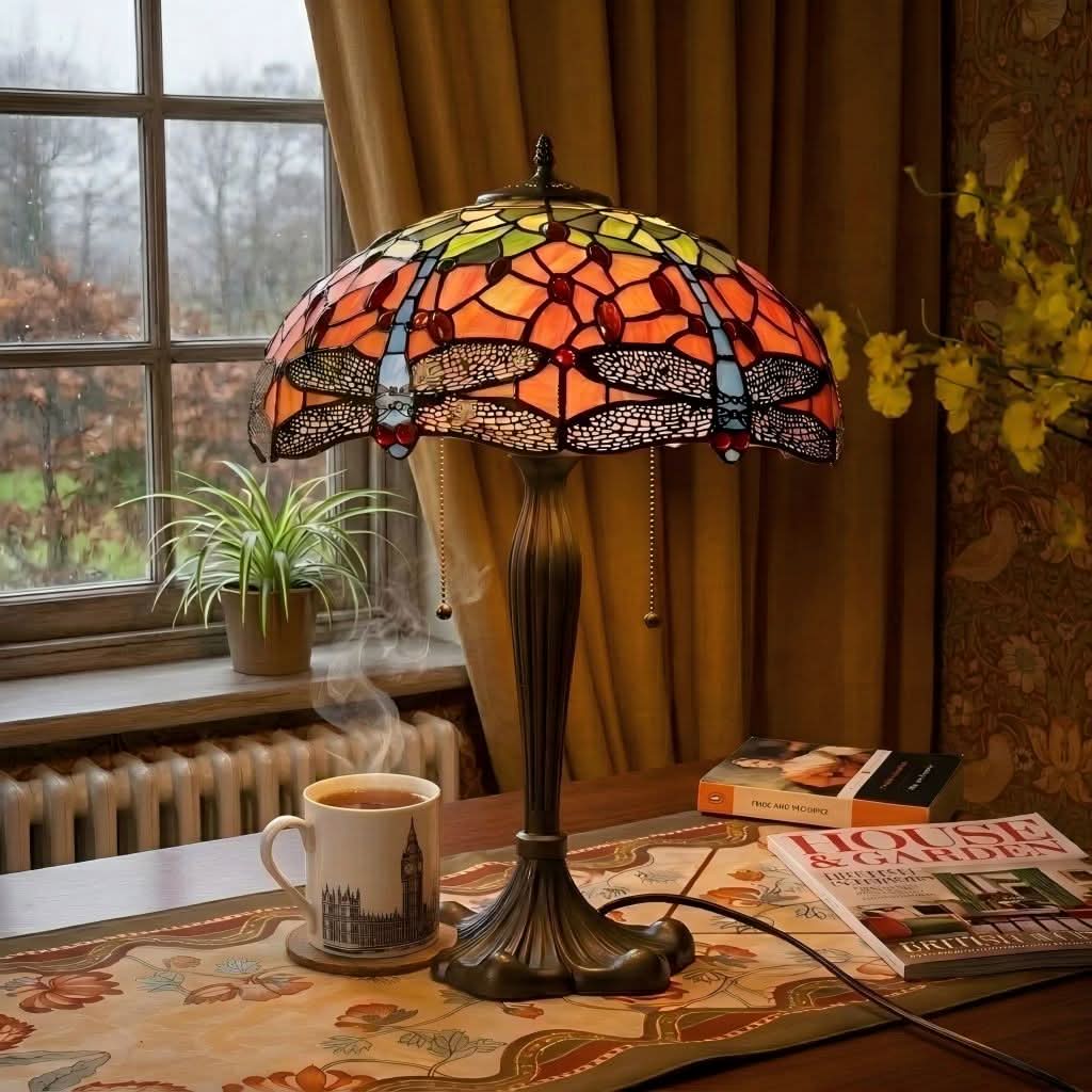 Lightsin Tiffany Table Lamp | Handcrafted Stained Glass Dragonfly Series Blue Dragonfly