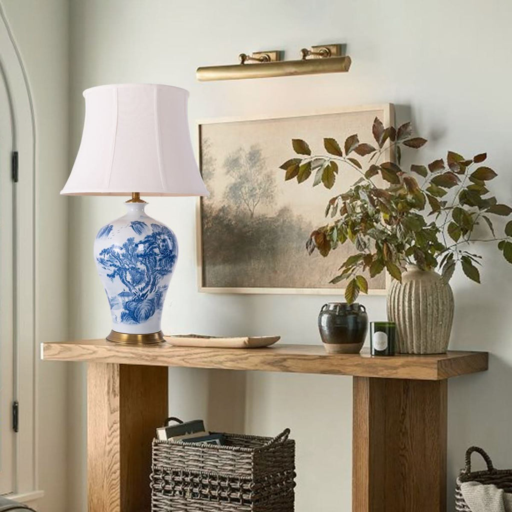 Lightsin Classic Ceramic Desk Lamp Blue and White with Fabric Shade