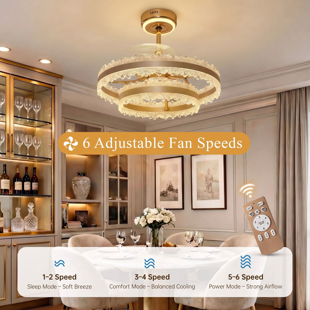 Lightsin Modern Gold Halo Ceiling Fan Light with Remote, 6 Speeds & 3 Colour Temperatures