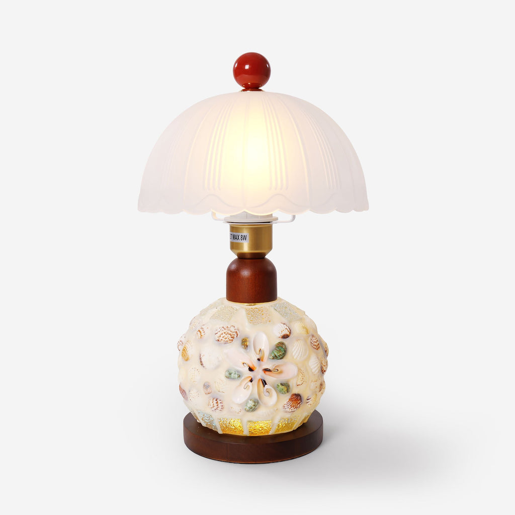 Mosaic Seashell Table Lamp - Coastal Glass & Wood Bedside Light