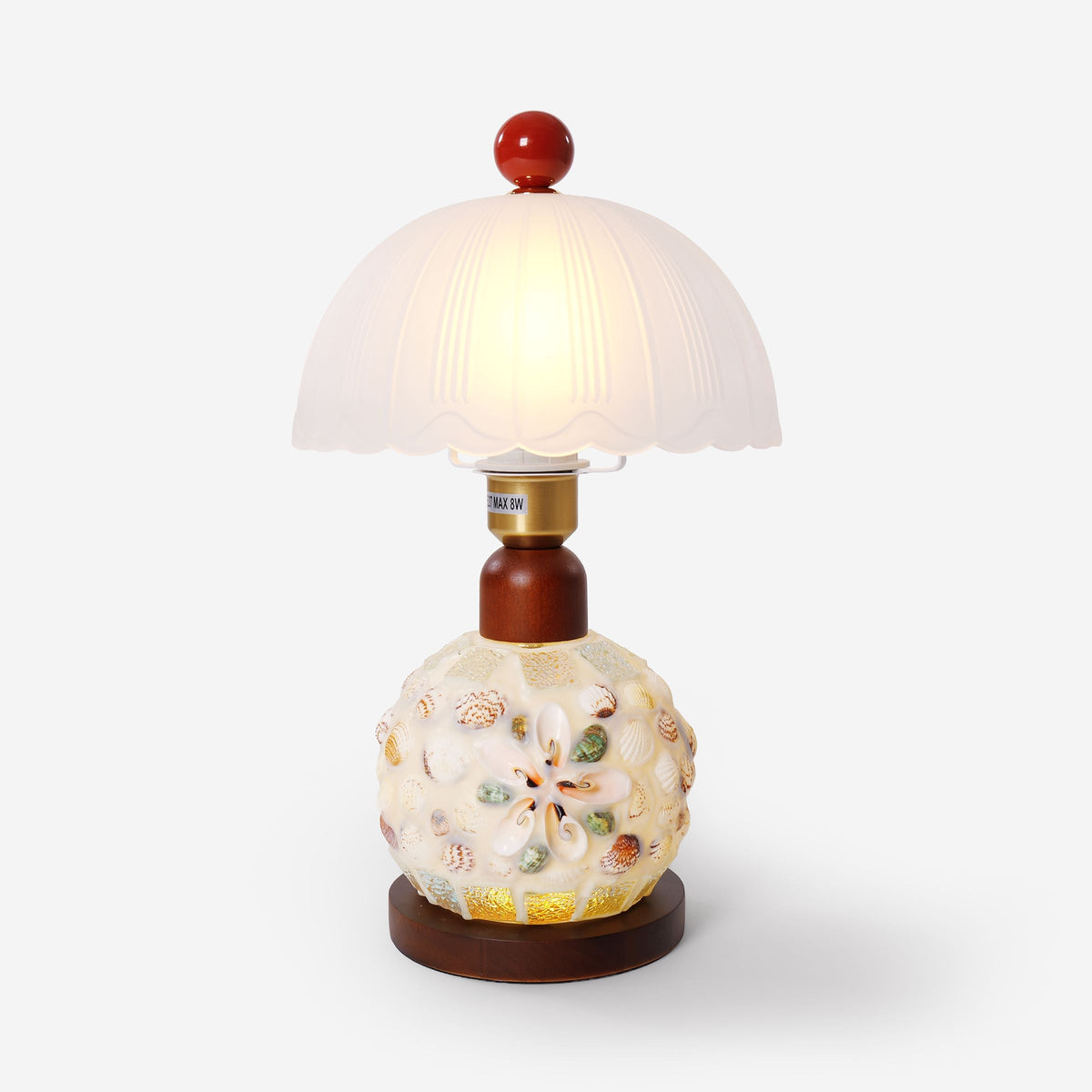 Mosaic Seashell Table Lamp - Coastal Glass & Wood Bedside Light