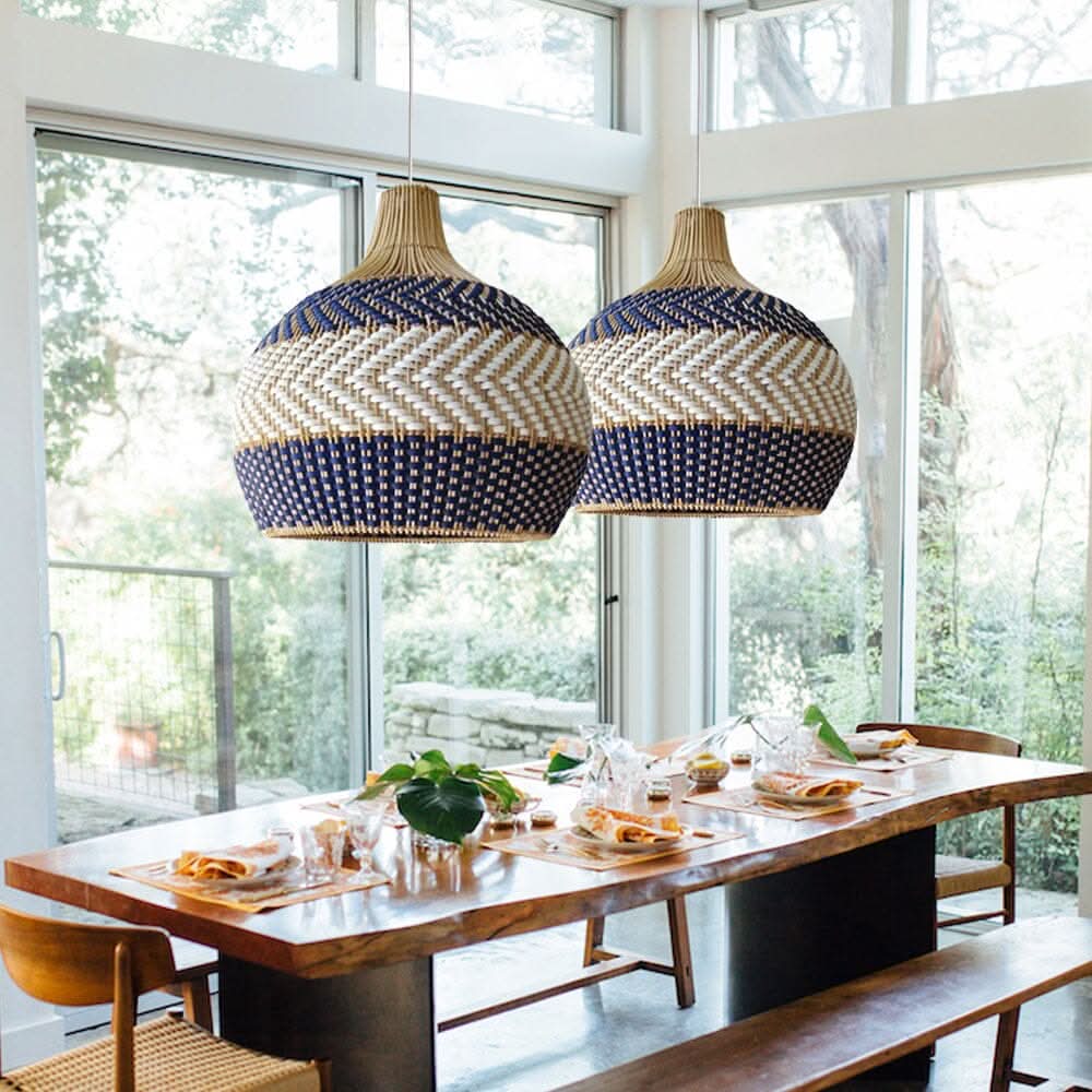 Lightsin Handwoven Blue and White Rattan Pendant Light