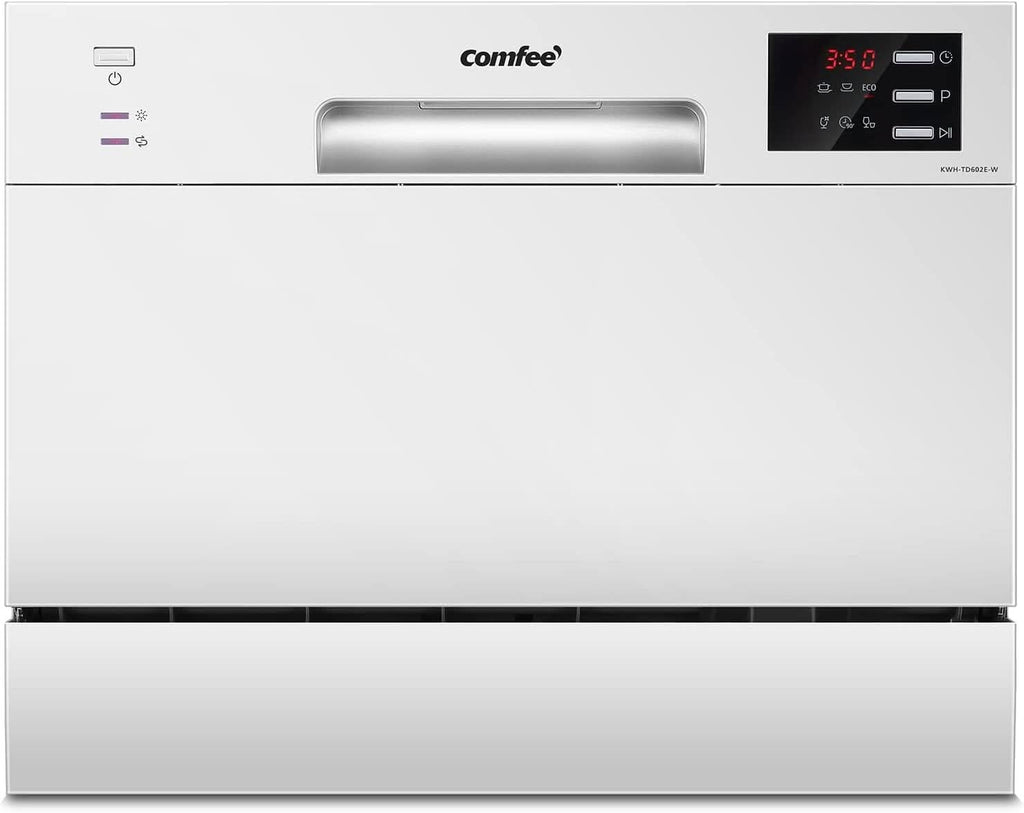 COMFEE 6.5L White/Silver Compact Countertop Dishwasher with LED Display and 6 Place Settings