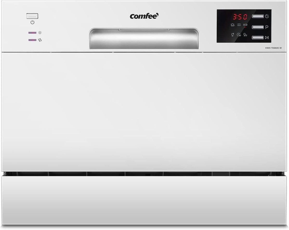 COMFEE 6.5L White/Silver Compact Countertop Dishwasher with LED Display and 6 Place Settings
