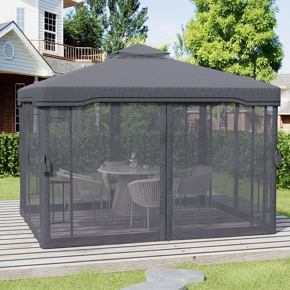 19ft Pergola Premium Iron with Retractable Canopy and Mesh Screens
