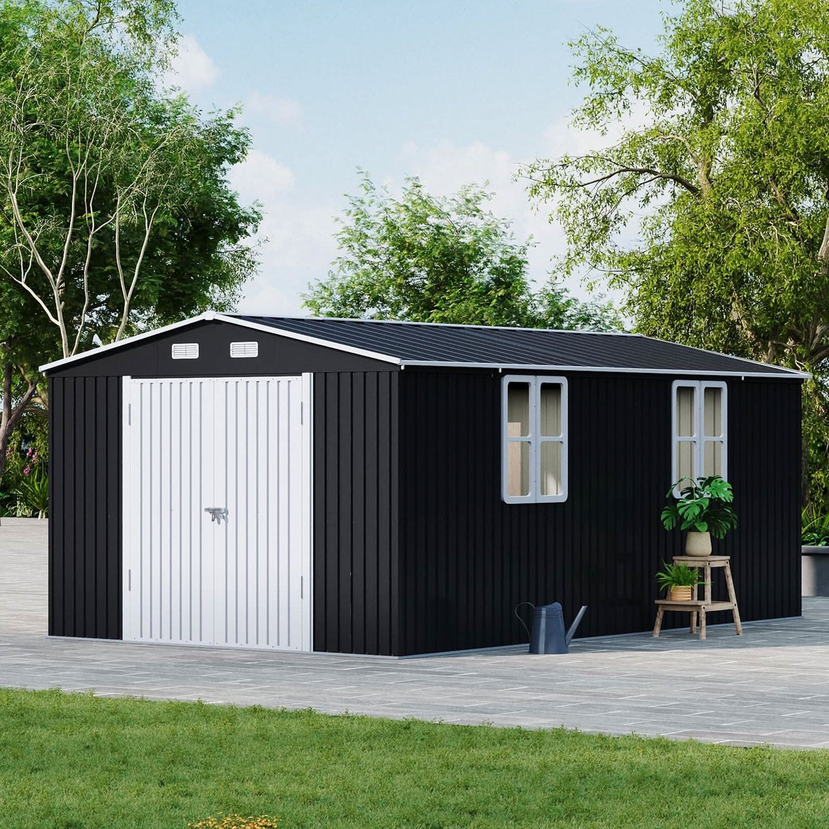 12x10ft / 10x12ft / 10x16ft Charcoal Black Galvanized Steel Storage Shed with Double Lockable Doors & Grid Windows