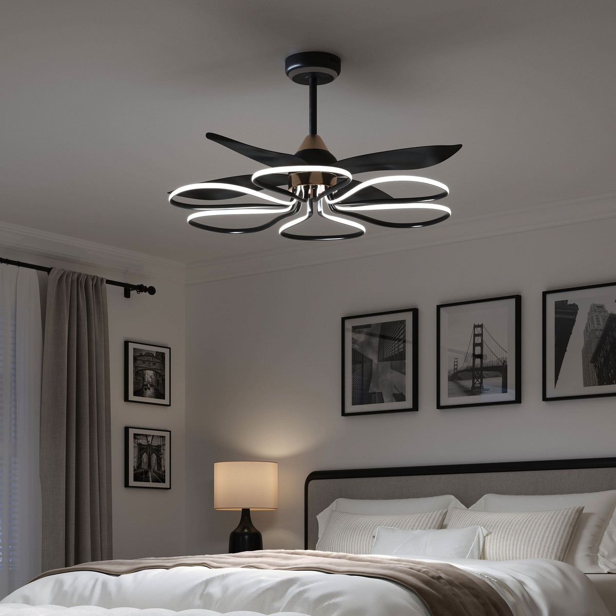 Lightsin 36-inch Black Modern Petal LED Ceiling Fan with Light - 6-Speed with Remote Control