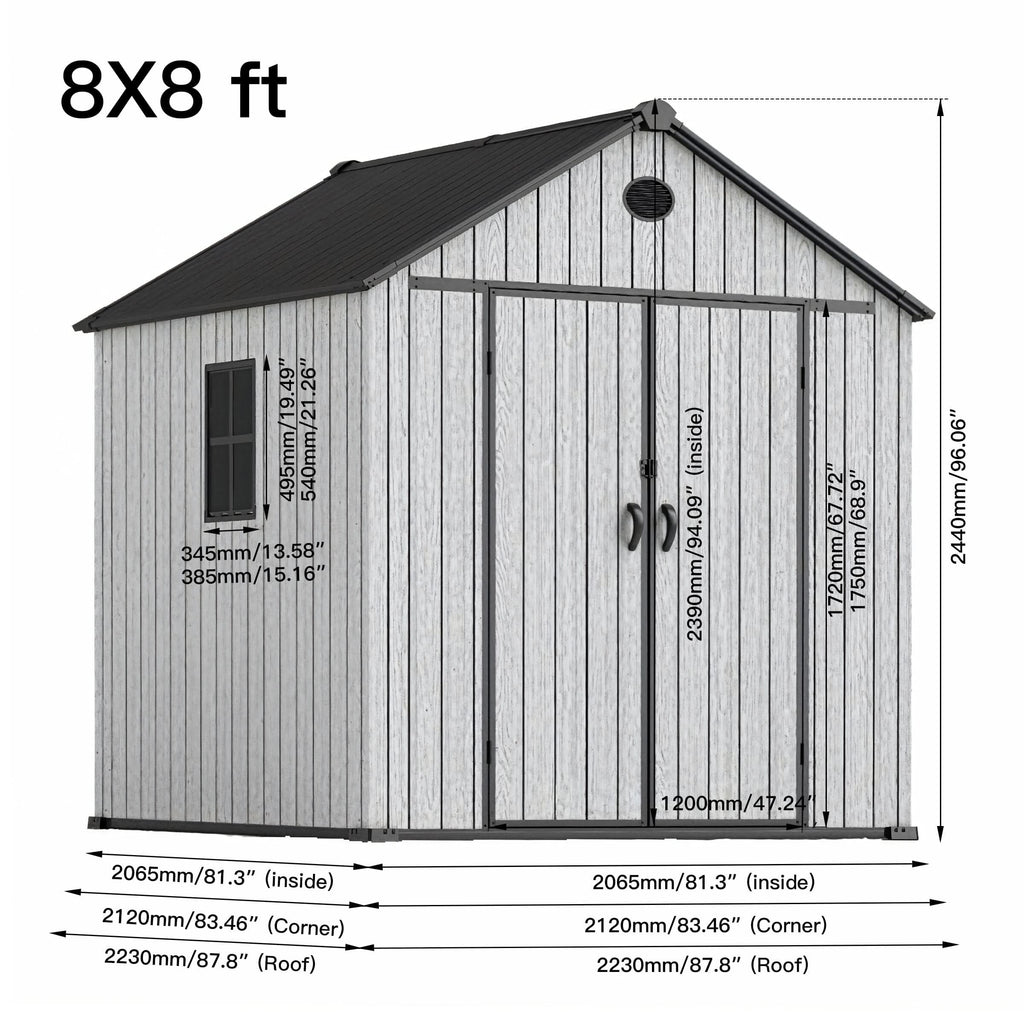 6'x8'ft/8'x8'ft/8'x12'ft/8'x16'ft Gray Wood Grain Plastic Tool Shed