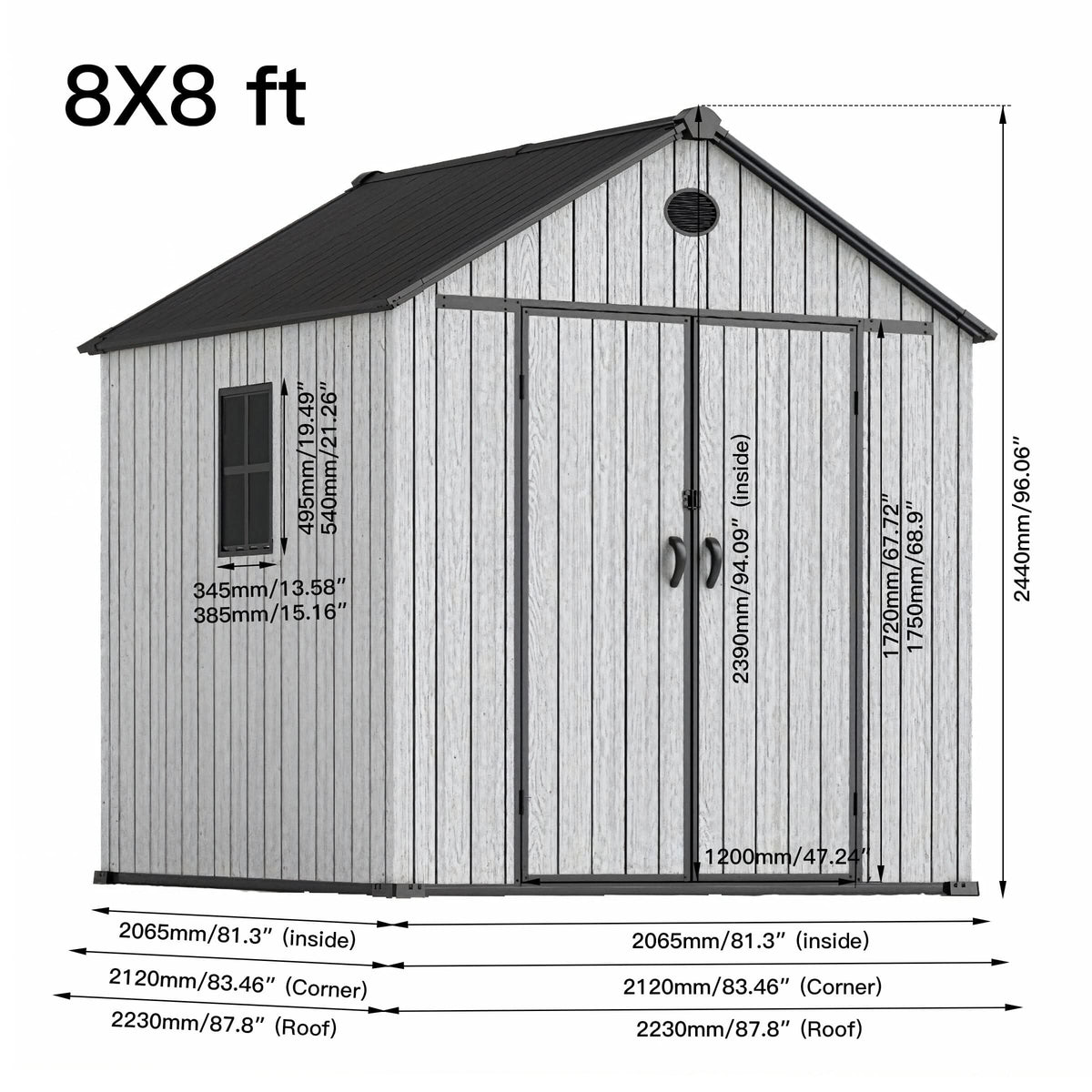 6'x8'ft/8'x8'ft/8'x12'ft/8'x16'ft Gray Wood Grain Plastic Tool Shed