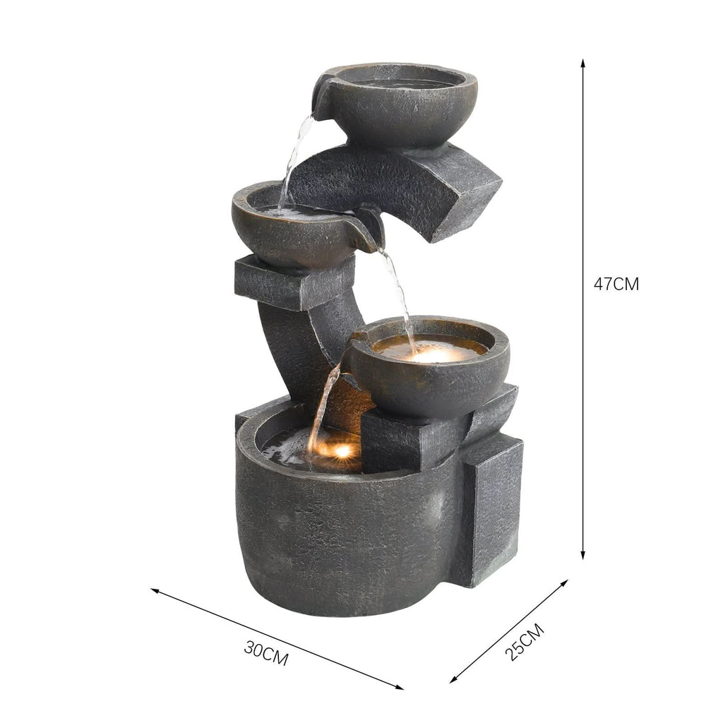 C Shaped Outdoor Fountain Garden Patio Water Feature LED Light Cascade Bowl