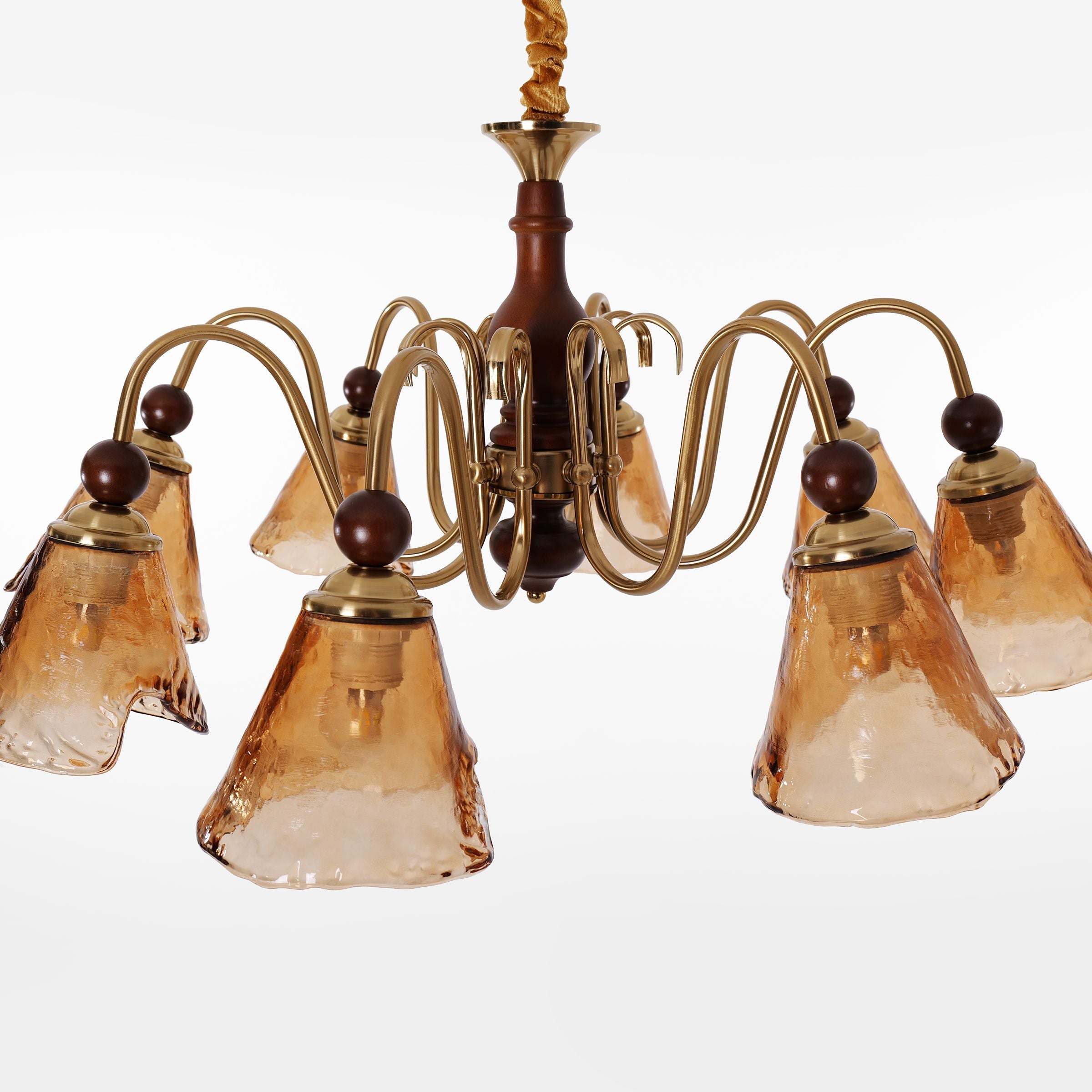 8-Light Walnut Vintage Cut Glass Chandelier | Wood and Iron Ceiling Lamp