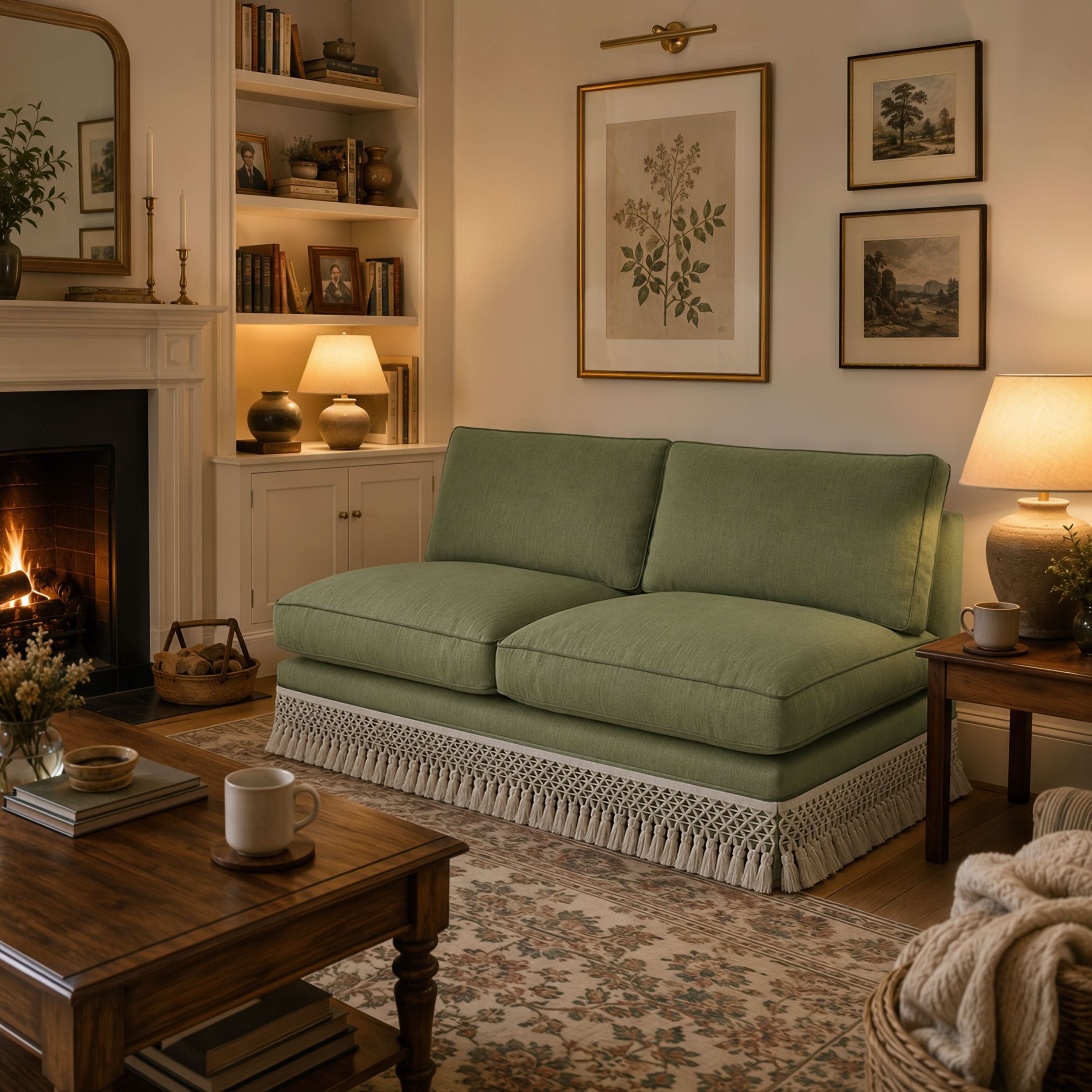 Armless Sofa with Fringed Trim and Removable Covers