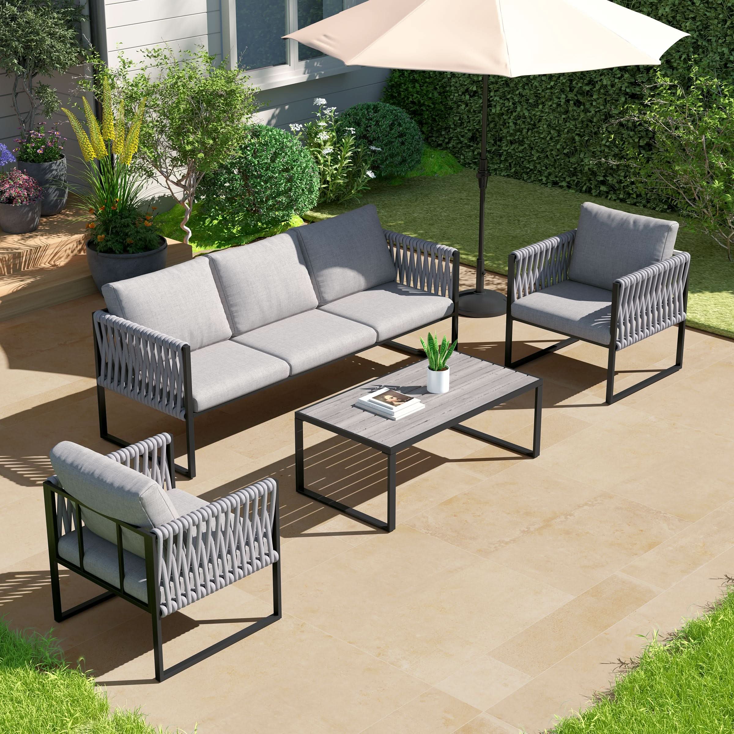 4 Piece Outdoor Garden Sofa Set with Rope Detailing and Sturdy Metal Frame