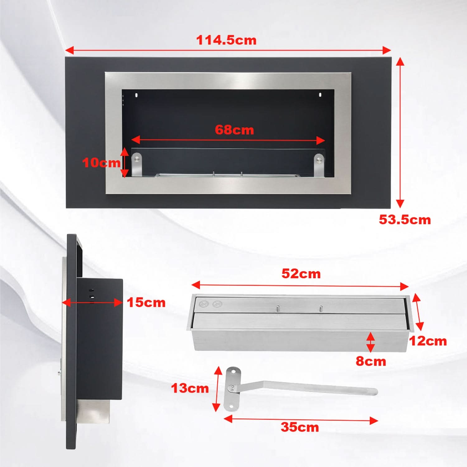 45 inch Silver Wall Mount Fireplaces Steel Stainless Indoors Bio-Ethanol Fireplaces