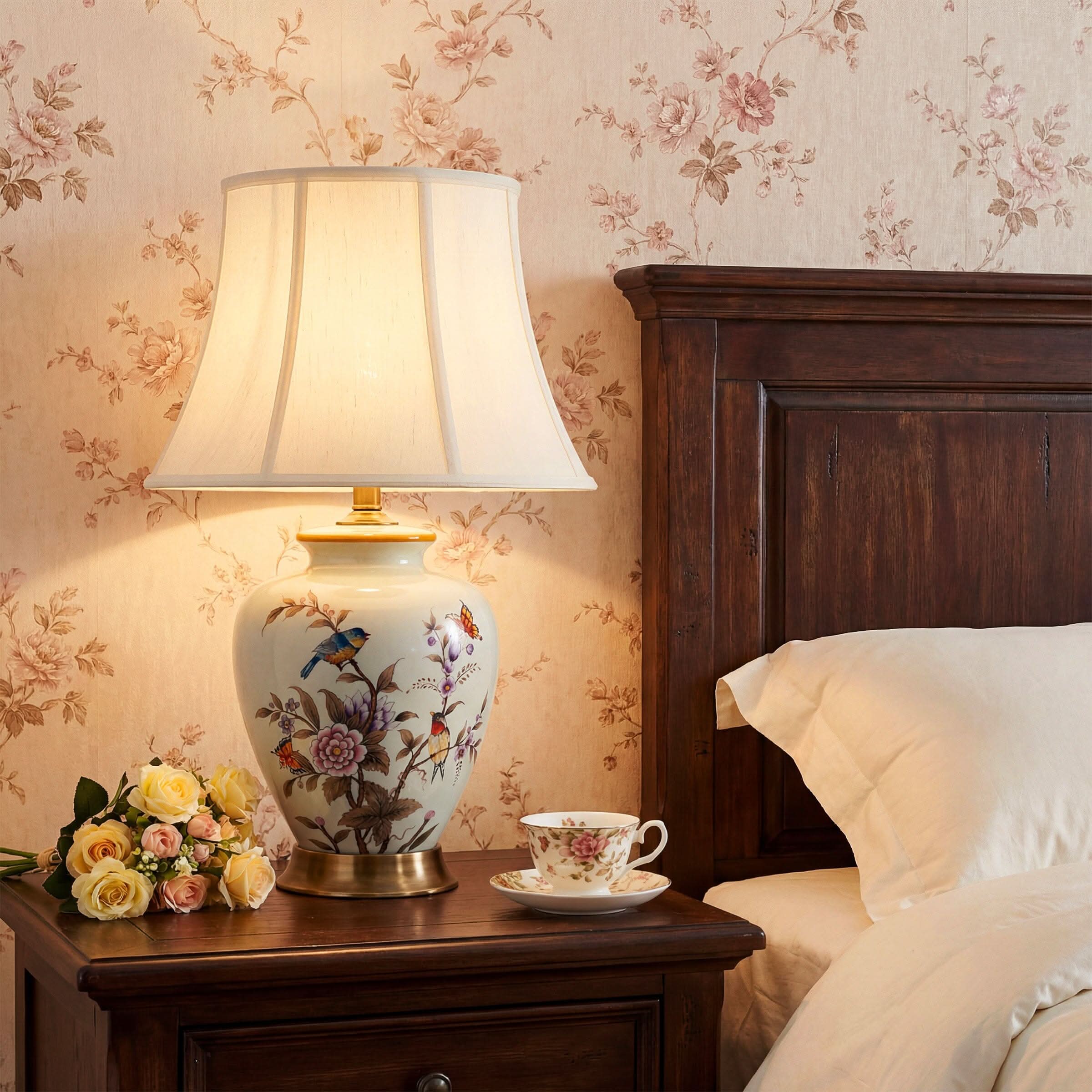 Lightsin Hand-Painted Vintage Ceramic Bird & Floral Table Lamp in Soft Celadon Green