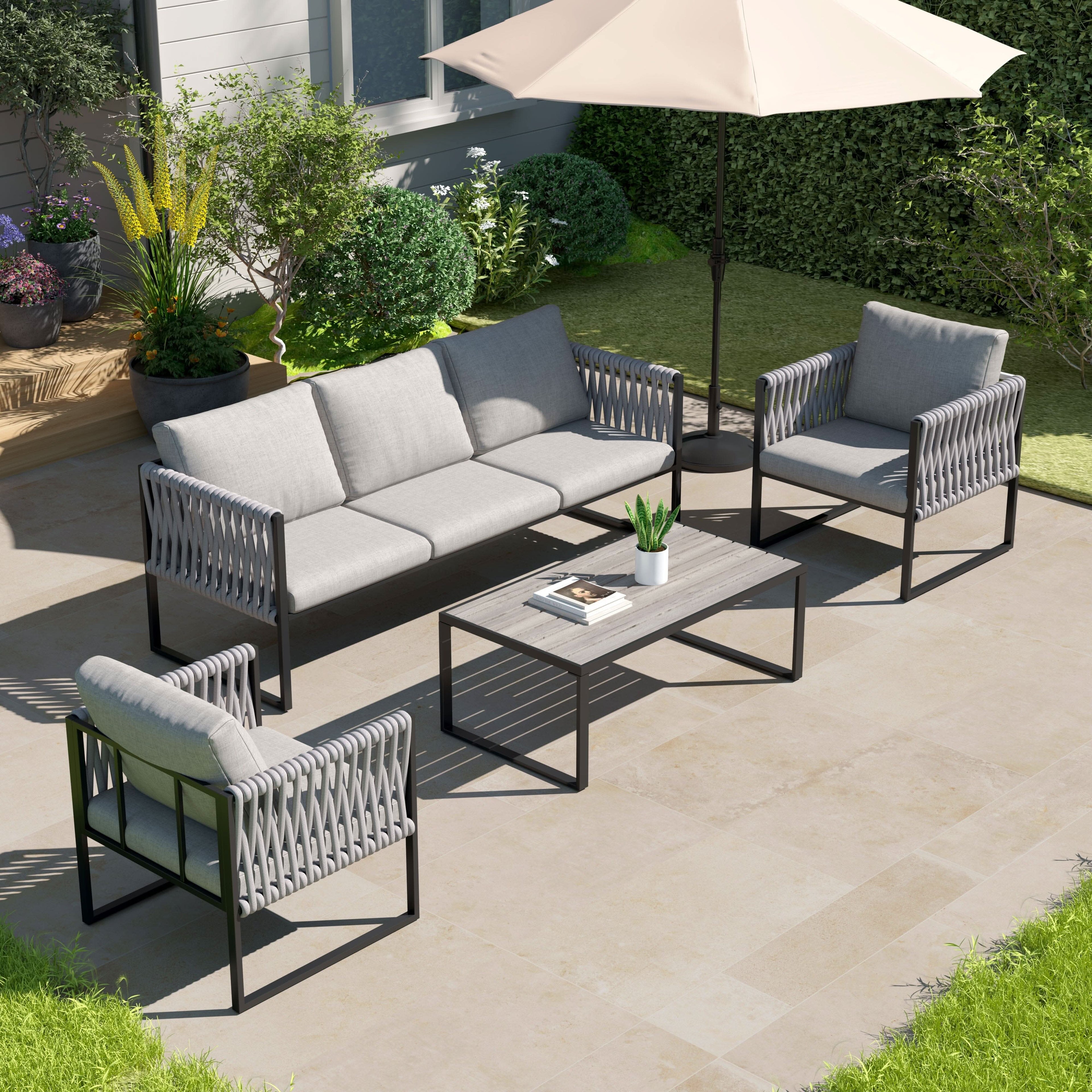 4 Piece Aluminium Outdoor Sofa Set with Glass Table Garden Furniture